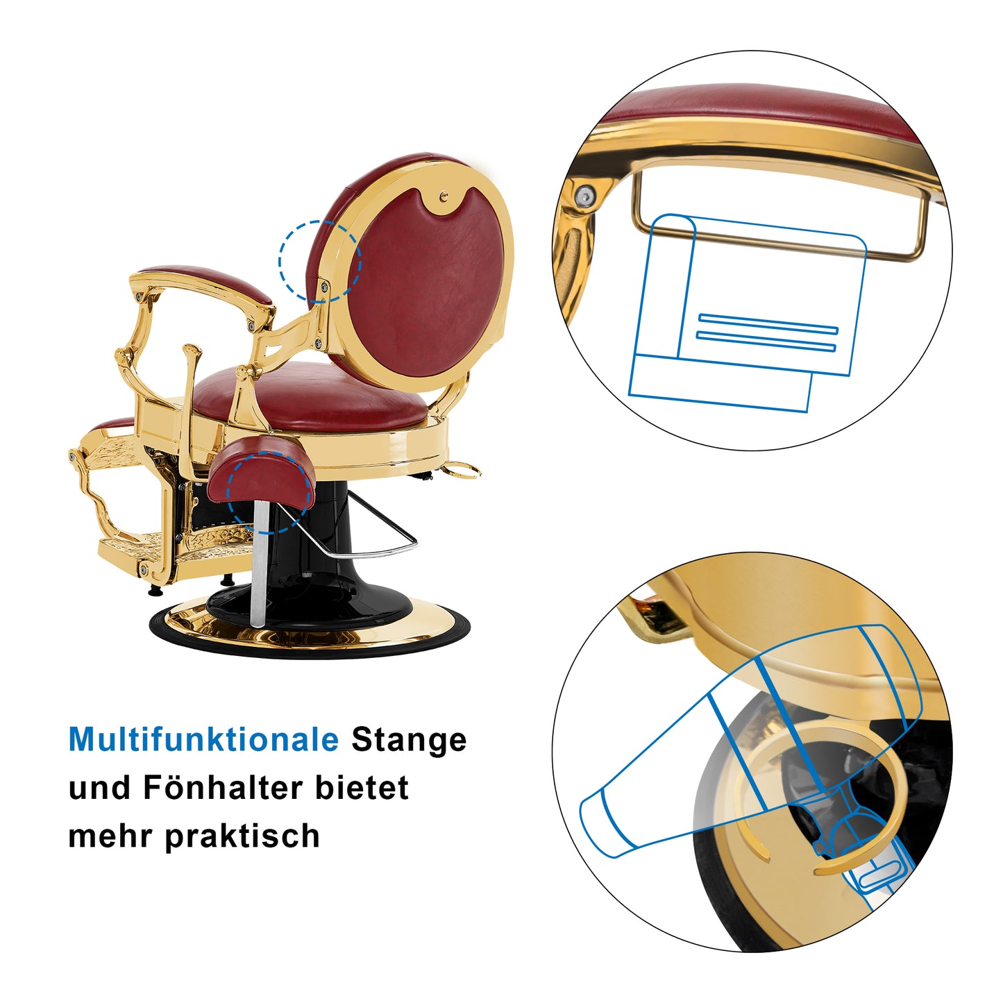 Barberpub Friseurstuhl hydraulische Friseursessel 2933, mit Retro/ Vintage Stil, 360° drehbar, Kunstleder, Goldrahmen/ Roségold Rahmen, 113 × 68 × 109 cm