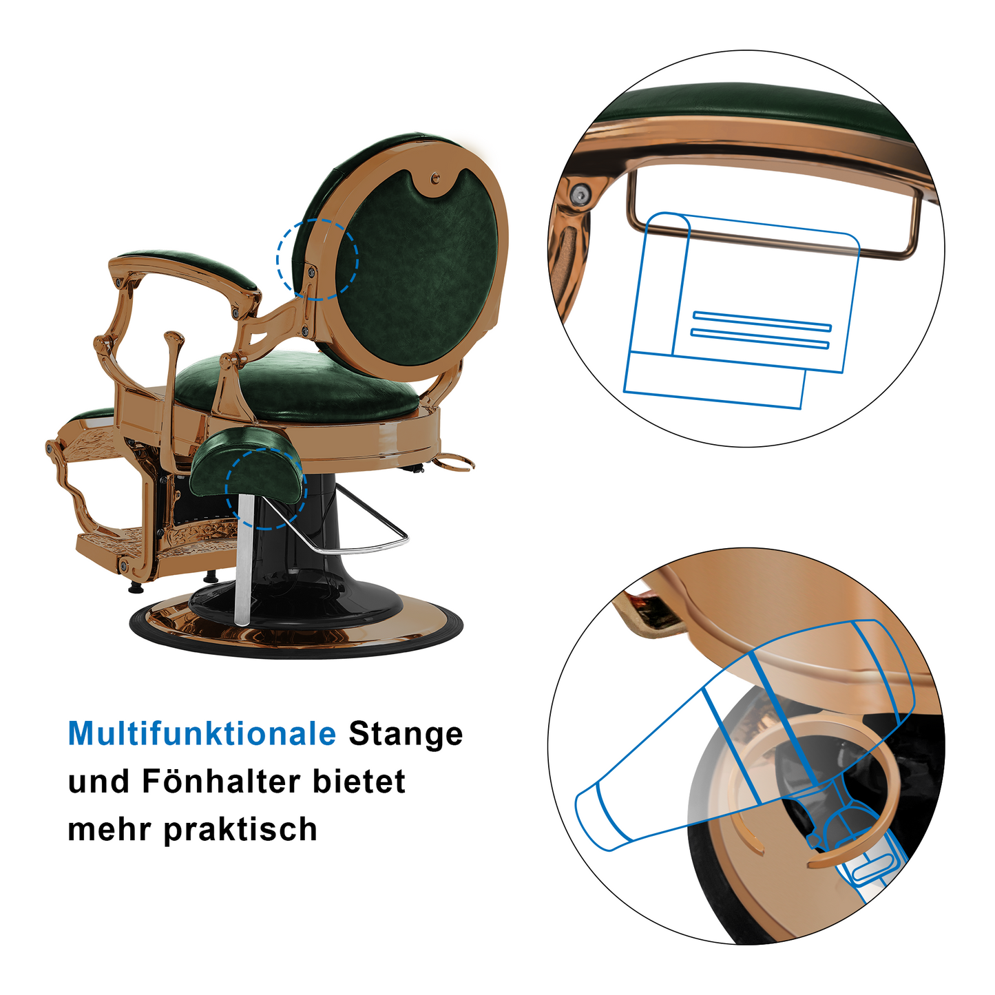 Barberpub Friseurstuhl hydraulische Friseursessel 2933, mit Retro/ Vintage Stil, 360° drehbar, Kunstleder, Goldrahmen/ Roségold Rahmen, 113 × 68 × 109 cm