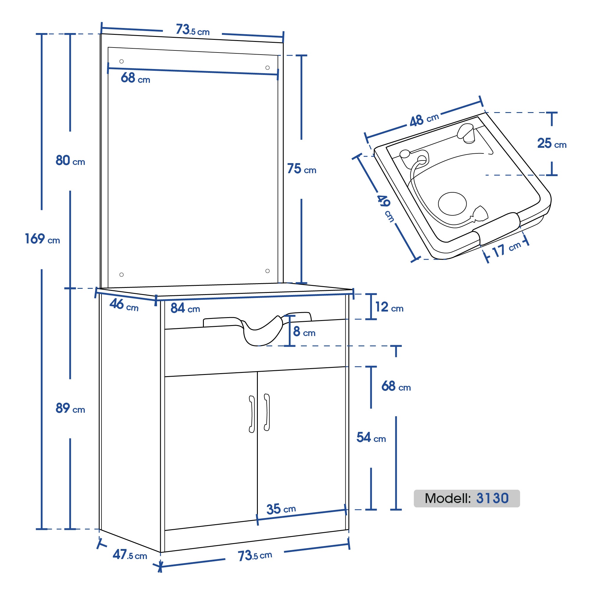 Lavabo pour coiffeur Barberpub 3130BK, avec lavabo, miroir mural, meuble bas de 80 cm, équipement de coiffure SPA, MFC+PVC, noir, 47,5 x 84 x 169 cm