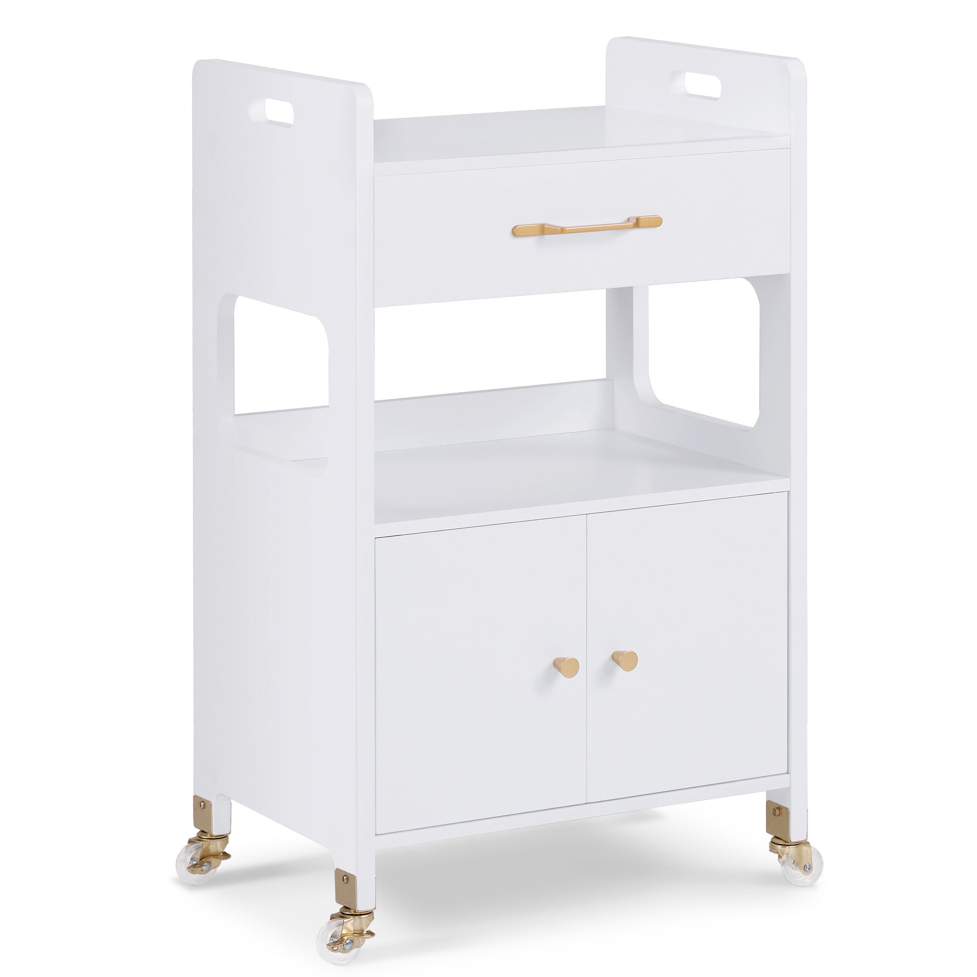 Barberpub Servierwagen mit Rollen & Schubladen, Rollwagen Friseurwagen Weiß, Salon Trolley mit 2 Ablagen, Moderner Arbeitswagen für Bad Wohnzimmer, 35x48x80, 5cm, 0055
