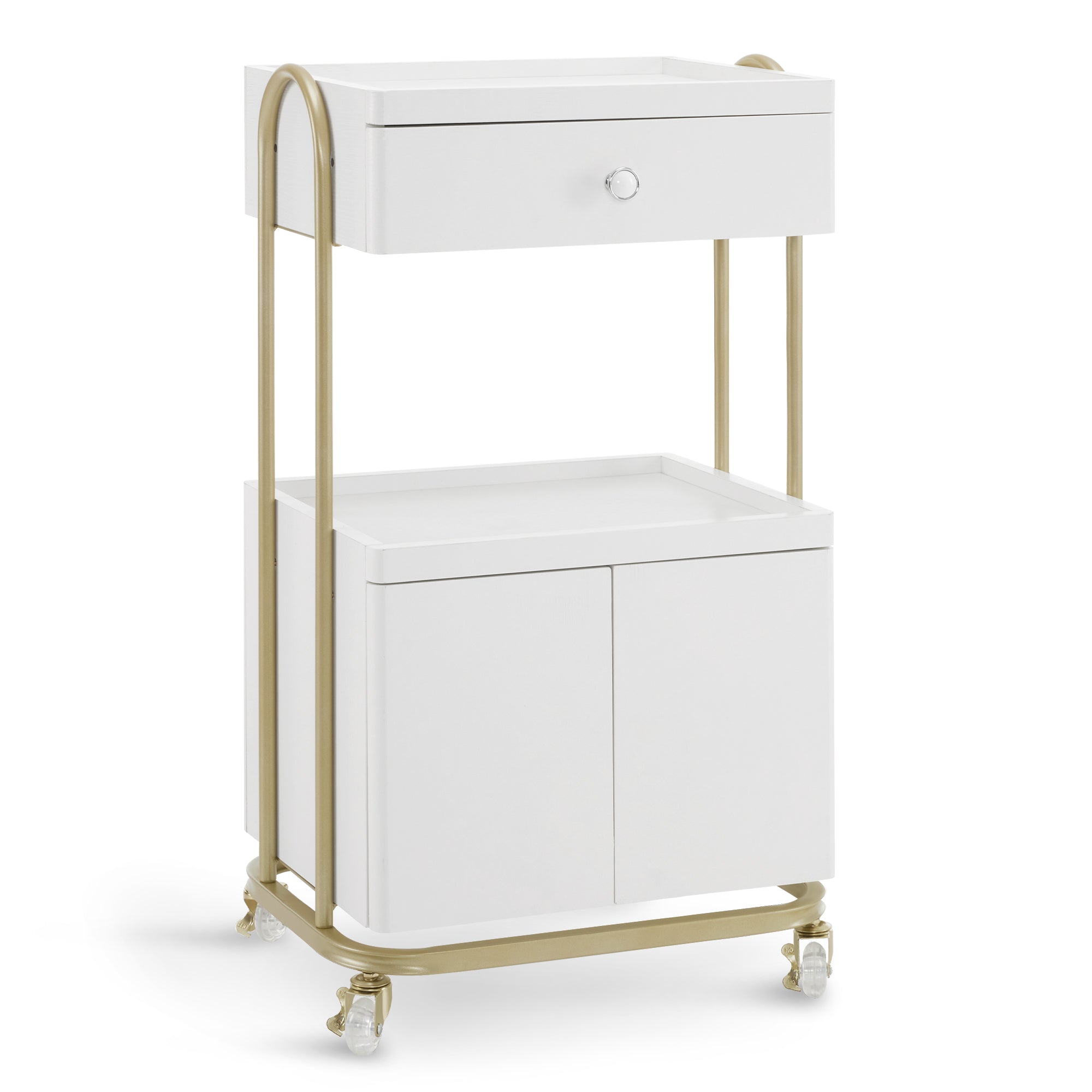 BarberPub Servierwagen mit Rollen & Schublade, Rollwagen Friseurwagen Weiß-Gold, Salon Trolley mit 2 Ablagen und Schrank, Moderner Arbeitswagen für Bad Wohnzimmer, 36x50x87cm, 0086