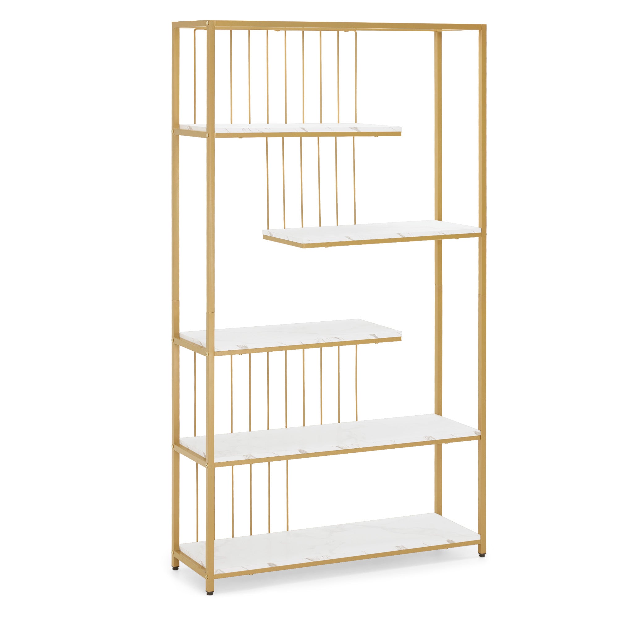 BarberPub Bücherregal, Standregal mit 5 Ebenen, Büroregal mit Metallrahmen, Regal für Büro, Wohnzimmer, Schlafzimmer, Küche, Nagelstudio, Marmor-Weiß Gold, 30x100x180cm, 5177