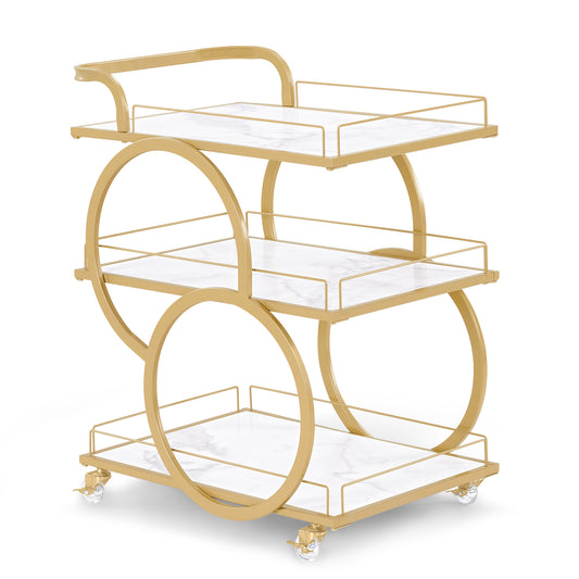 BarberPub Servierwagen mit Rollen, Küchenwagen Barwagen Metallgestell Weiß-Gold, Modern Rollwagen Mehrzweckwagen mit 3 Ebenen, für Küche, Bad, Wohnzimmer, Nagelstudio, 65x43x70, 0074