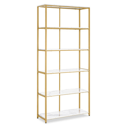 BarberPub Bücherregal Gold, Standregal mit 5 Ebenen, Büroregal mit Metallrahmen, Regal für Büro, Wohnzimmer, Schlafzimmer, Küche, Nagelstudio, Marmor-Weiß, 30x80x180cm, 5166