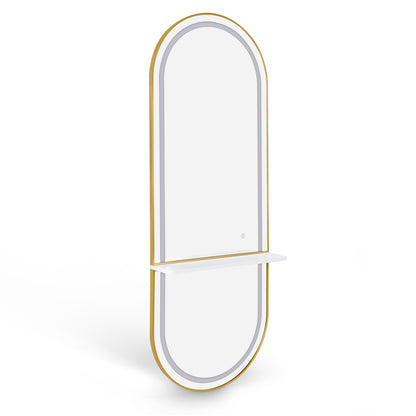 BarberPub Wandspiegel mit Beleuchtung, Ganzkörperspiegel mit Aluminiumrahmen, Großer Spiegel mit Ablage, Touch-Schalter, 3 Lichtfarben Dimmbar, für Friseursalon, 17x65x177 cm, J6270