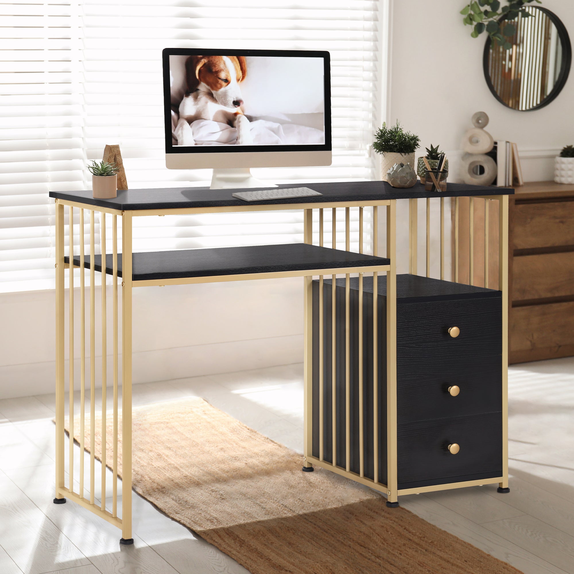 Barberpub Schreibtisch mit Schubladen, Schminktisch ohne Spiegel, Nageltisch aus Holz Metallgestell, Computertisch Wohnzimmer Modern, 109 x 45,5 x 81cm, 2407