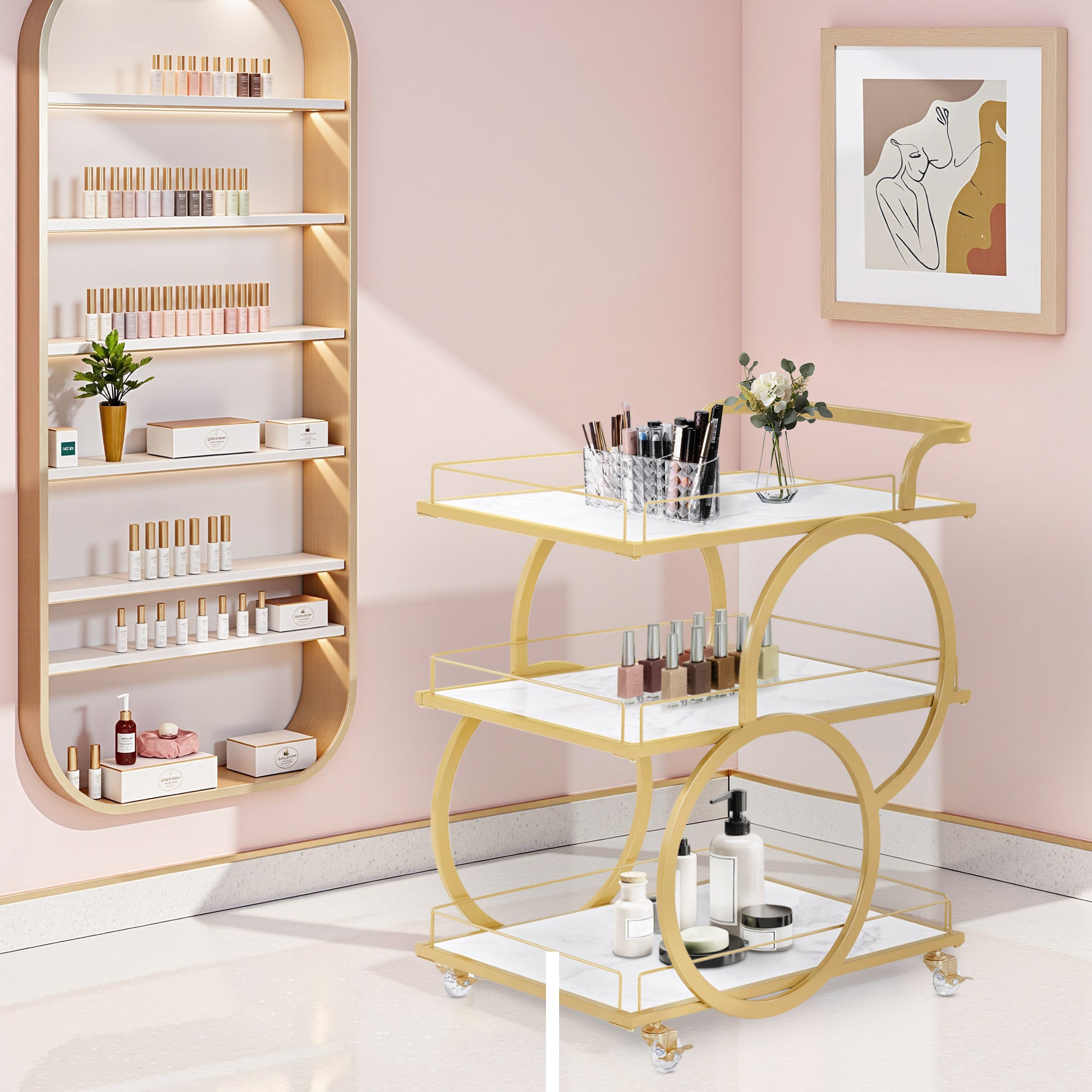 BarberPub Servierwagen mit Rollen, Küchenwagen Barwagen Metallgestell Weiß-Gold, Modern Rollwagen Mehrzweckwagen mit 3 Ebenen, für Küche, Bad, Wohnzimmer, Nagelstudio, 65x43x70, 0074