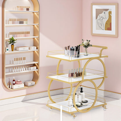 BarberPub Servierwagen mit Rollen, Küchenwagen Barwagen Metallgestell Weiß-Gold, Modern Rollwagen Mehrzweckwagen mit 3 Ebenen, für Küche, Bad, Wohnzimmer, Nagelstudio, 65x43x70, 0074