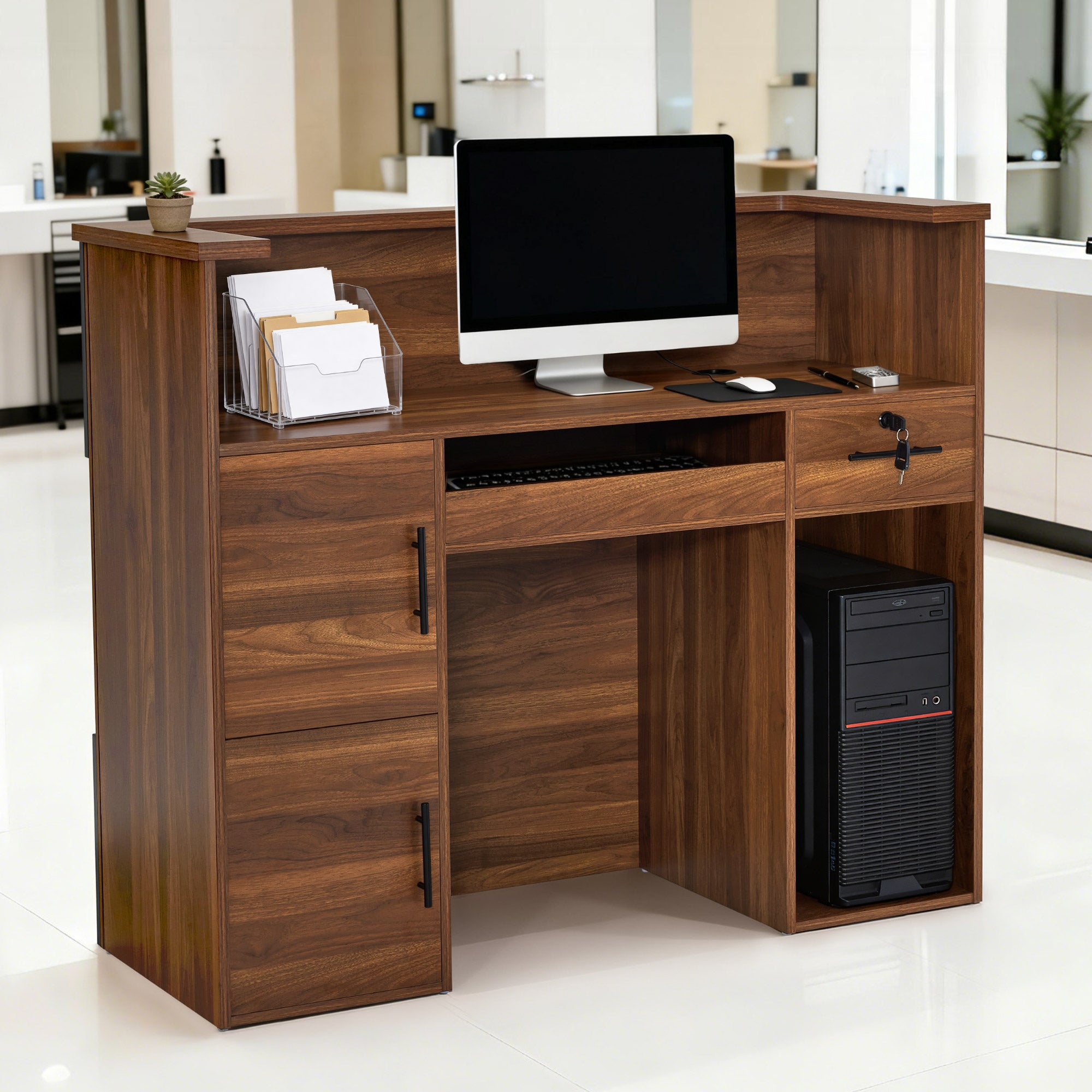 BarberPub Empfangstheke mit 2 Schubladen & 3 Schränken, Empfangstisch Abschließbar, Empfangstresen Holz, Rezeptionstisch Rezeptionstheke Kassentheke für Friseursalon, 55x120x110 cm, R9760 (Braun)