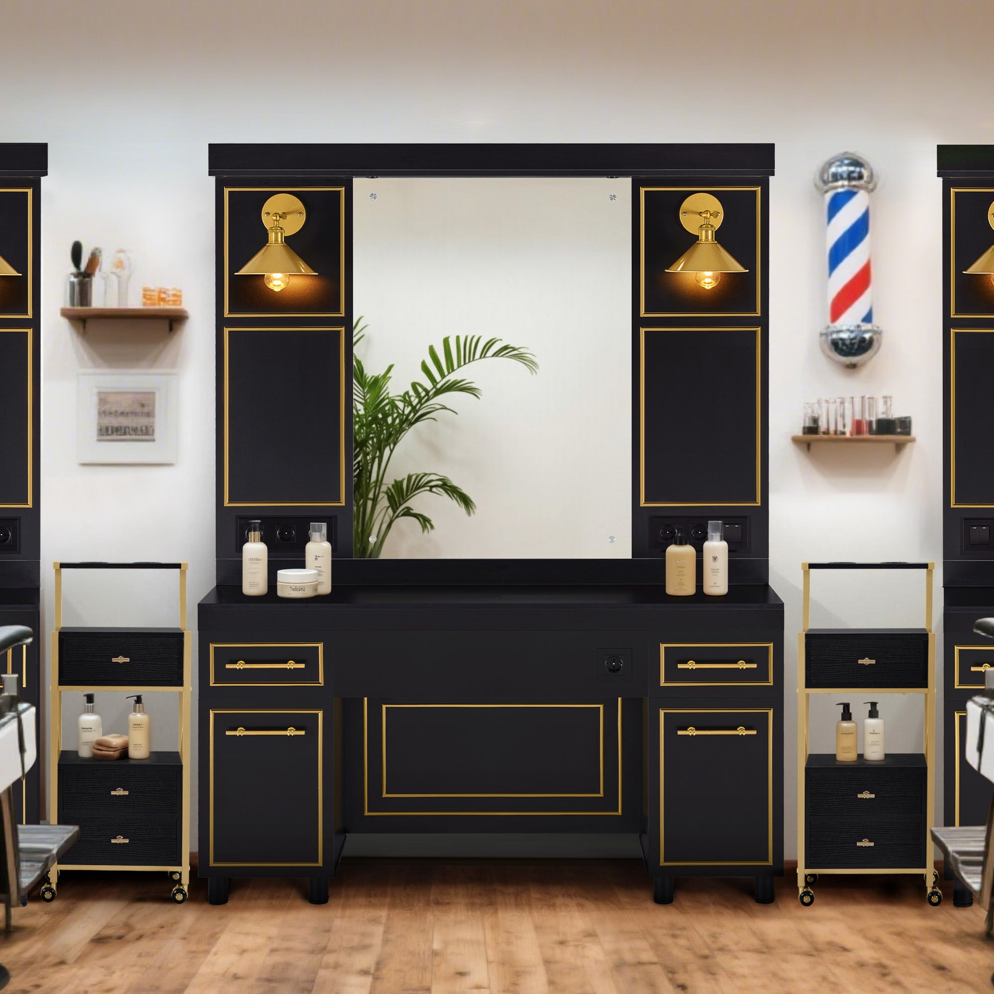 BarberPub Friseurplatz mit 2 Schubladen, Schminktisch mit Spiegel, Bedienungsplatz mit 2 Schränken, Spiegelschrank aus Holz, Spiegeltisch Modern, Friseureinrichtung, 3161 (Schwarz-Gold)