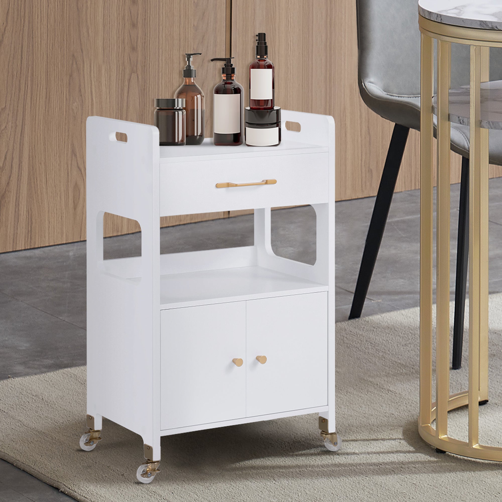 Barberpub Servierwagen mit Rollen & Schubladen, Rollwagen Friseurwagen Weiß, Salon Trolley mit 2 Ablagen, Moderner Arbeitswagen für Bad Wohnzimmer, 35x48x80, 5cm, 0055