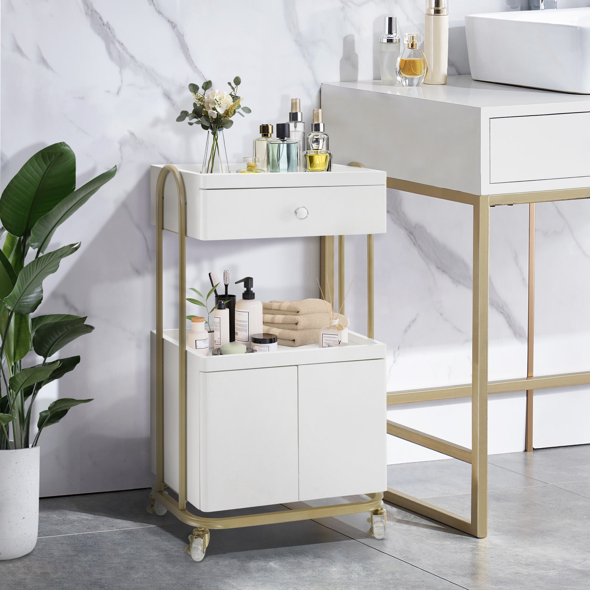 BarberPub Servierwagen mit Rollen & Schublade, Rollwagen Friseurwagen Weiß-Gold, Salon Trolley mit 2 Ablagen und Schrank, Moderner Arbeitswagen für Bad Wohnzimmer, 36x50x87cm, 0086