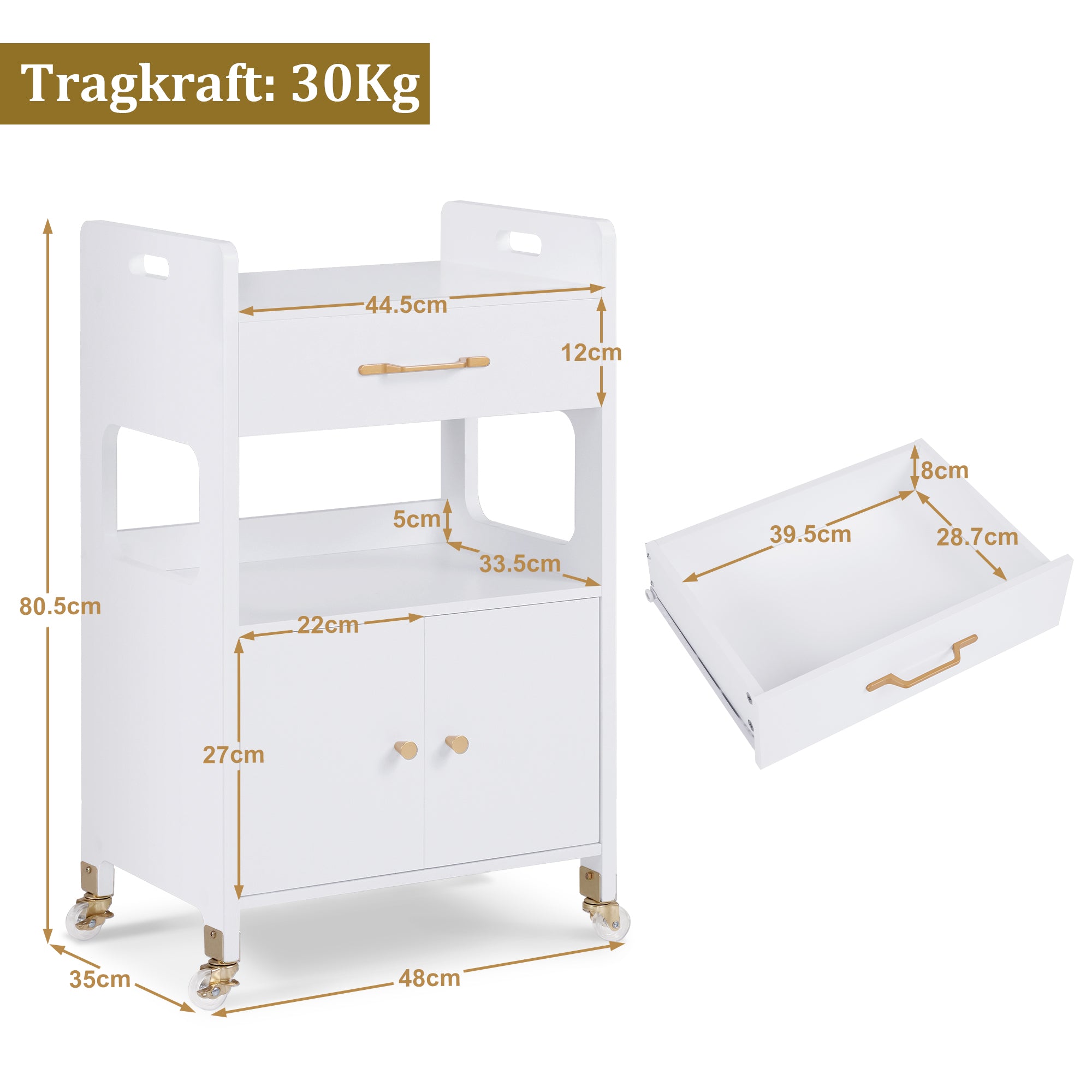 Barberpub Servierwagen mit Rollen & Schubladen, Rollwagen Friseurwagen Weiß, Salon Trolley mit 2 Ablagen, Moderner Arbeitswagen für Bad Wohnzimmer, 35x48x80, 5cm, 0055