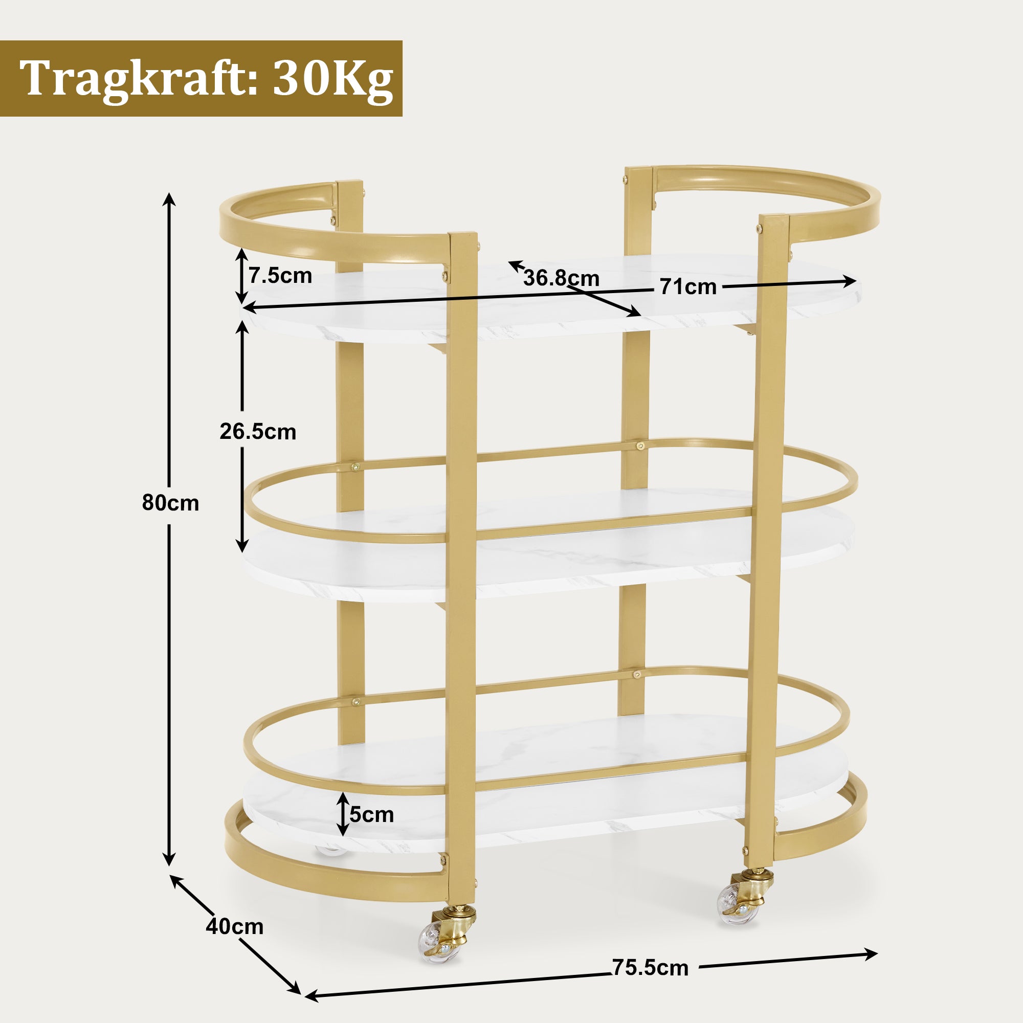 BarberPub Servierwagen mit Rollen, Friseurwagen Barwagen Metallgestell Weiß-Gold, Moderne Rollwagen Mehrzweckwagen mit 3 Ebenen, für Küche Bad Wohnzimmer Büro, 40x75,5x80, 0034