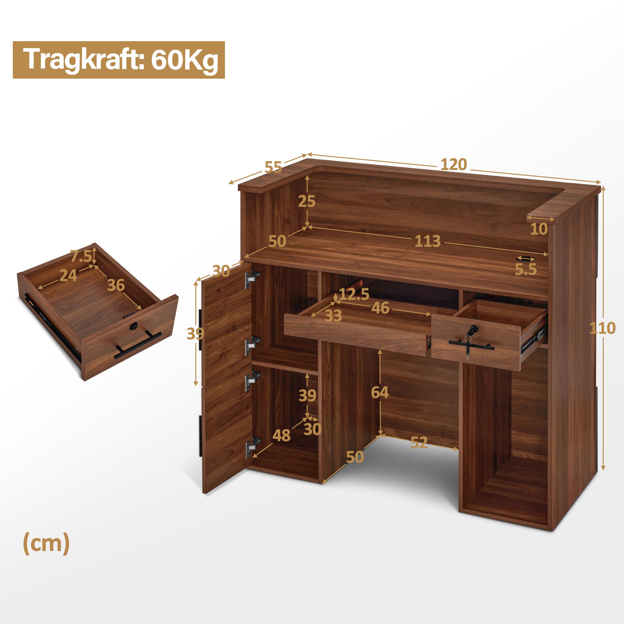 BarberPub Empfangstheke mit 2 Schubladen & 3 Schränken, Empfangstisch Abschließbar, Empfangstresen Holz, Rezeptionstisch Rezeptionstheke Kassentheke für Friseursalon, 55x120x110 cm, R9760 (Braun)