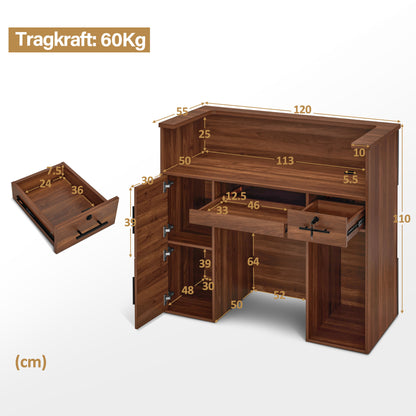 Comptoir d'accueil BarberPub avec 2 tiroirs et 3 armoires, bureau de réception verrouillable, comptoir d'accueil en bois, comptoir de caisse pour salon de coiffure, 55x120x110 cm, R9760 (Marron)