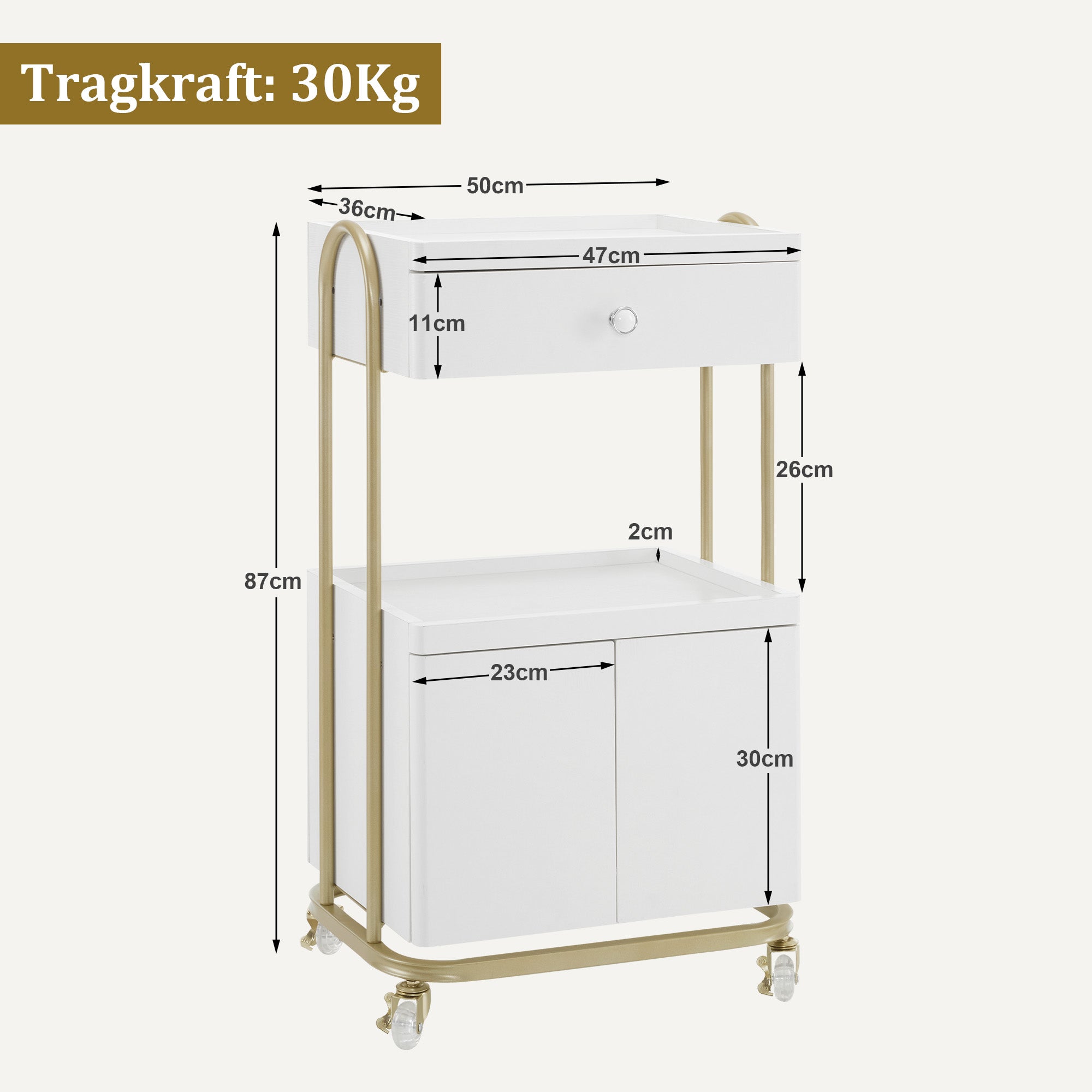 BarberPub Servierwagen mit Rollen & Schublade, Rollwagen Friseurwagen Weiß-Gold, Salon Trolley mit 2 Ablagen und Schrank, Moderner Arbeitswagen für Bad Wohnzimmer, 36x50x87cm, 0086