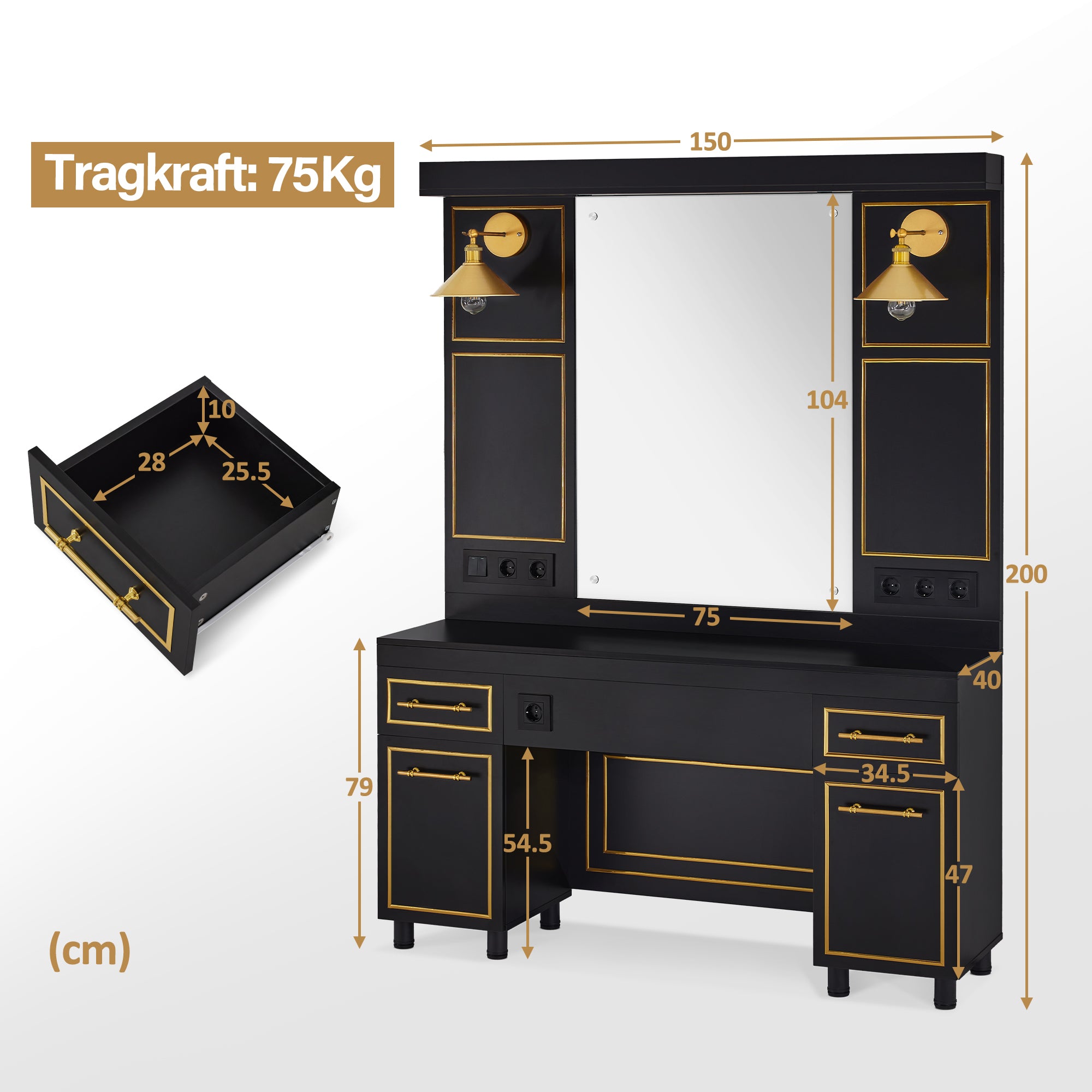BarberPub Friseurplatz mit 2 Schubladen, Schminktisch mit Spiegel, Bedienungsplatz mit 2 Schränken, Spiegelschrank aus Holz, Spiegeltisch Modern, Friseureinrichtung, 3161 (Schwarz-Gold)
