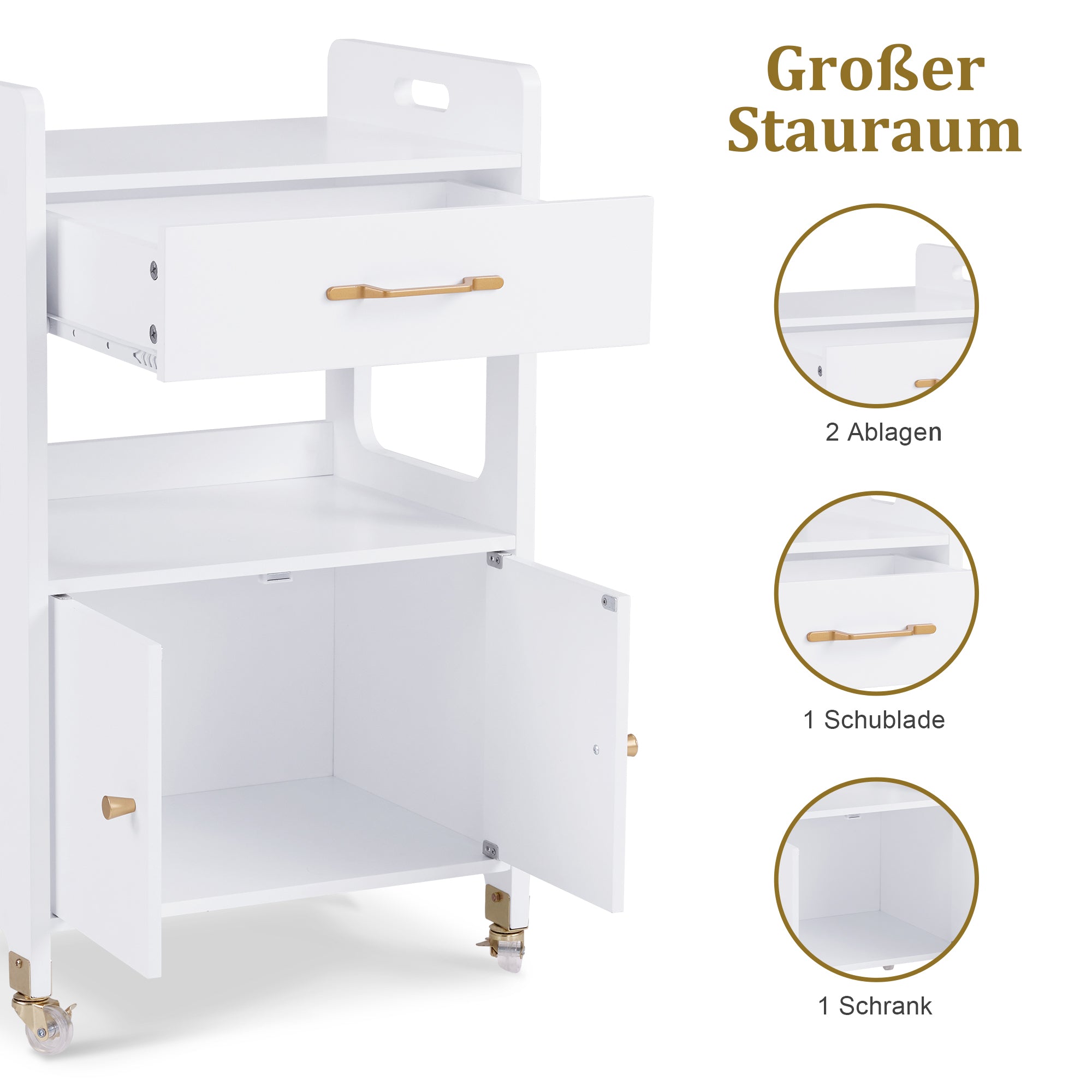 Barberpub Servierwagen mit Rollen & Schubladen, Rollwagen Friseurwagen Weiß, Salon Trolley mit 2 Ablagen, Moderner Arbeitswagen für Bad Wohnzimmer, 35x48x80, 5cm, 0055