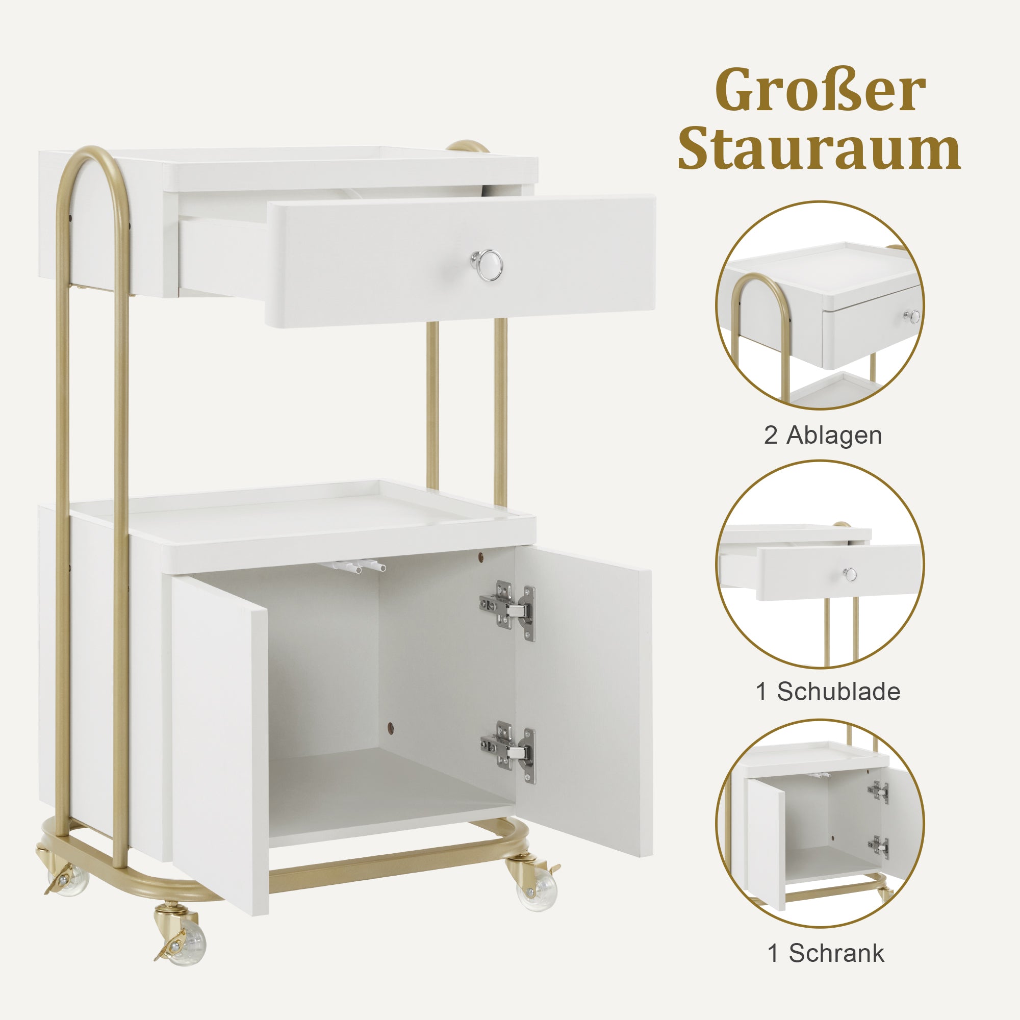 BarberPub Servierwagen mit Rollen & Schublade, Rollwagen Friseurwagen Weiß-Gold, Salon Trolley mit 2 Ablagen und Schrank, Moderner Arbeitswagen für Bad Wohnzimmer, 36x50x87cm, 0086