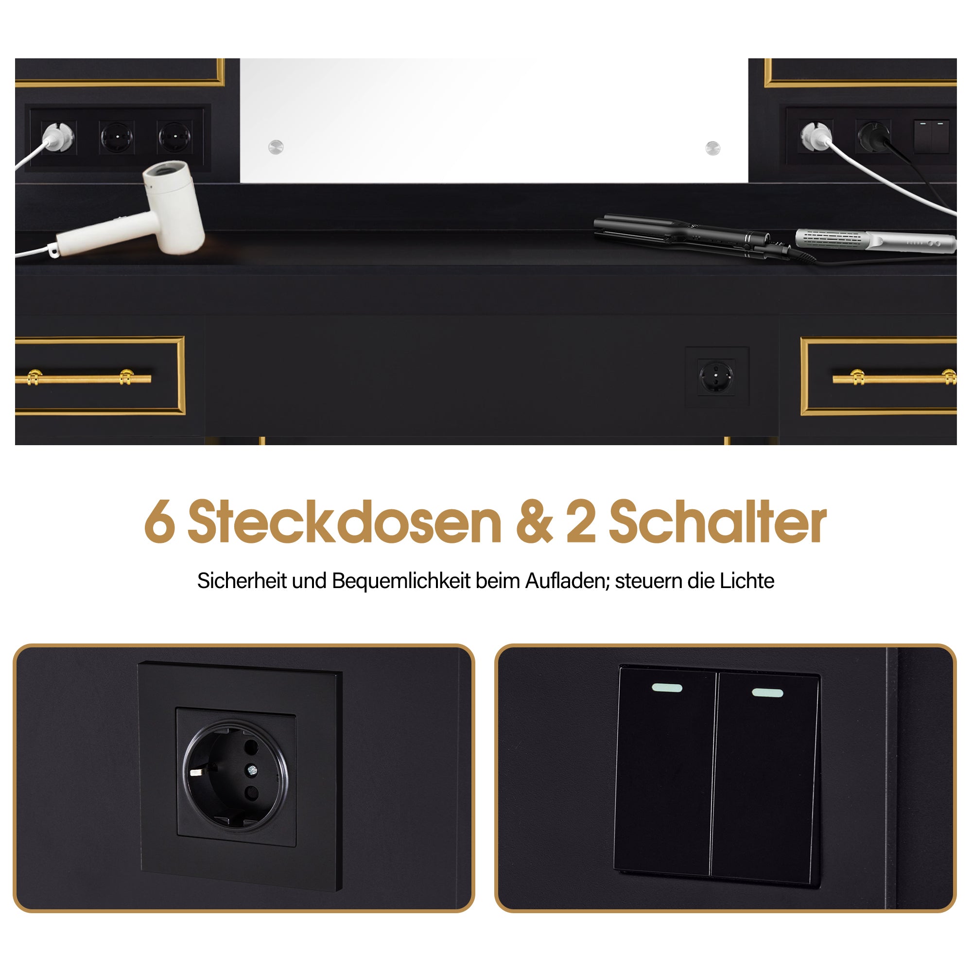 BarberPub Friseurplatz mit 2 Schubladen, Schminktisch mit Spiegel, Bedienungsplatz mit 2 Schränken, Spiegelschrank aus Holz, Spiegeltisch Modern, Friseureinrichtung, 3161 (Schwarz-Gold)