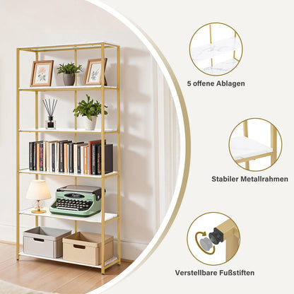 BarberPub Bücherregal Gold, Standregal mit 5 Ebenen, Büroregal mit Metallrahmen, Regal für Büro, Wohnzimmer, Schlafzimmer, Küche, Nagelstudio, Marmor-Weiß, 30x80x180cm, 5166