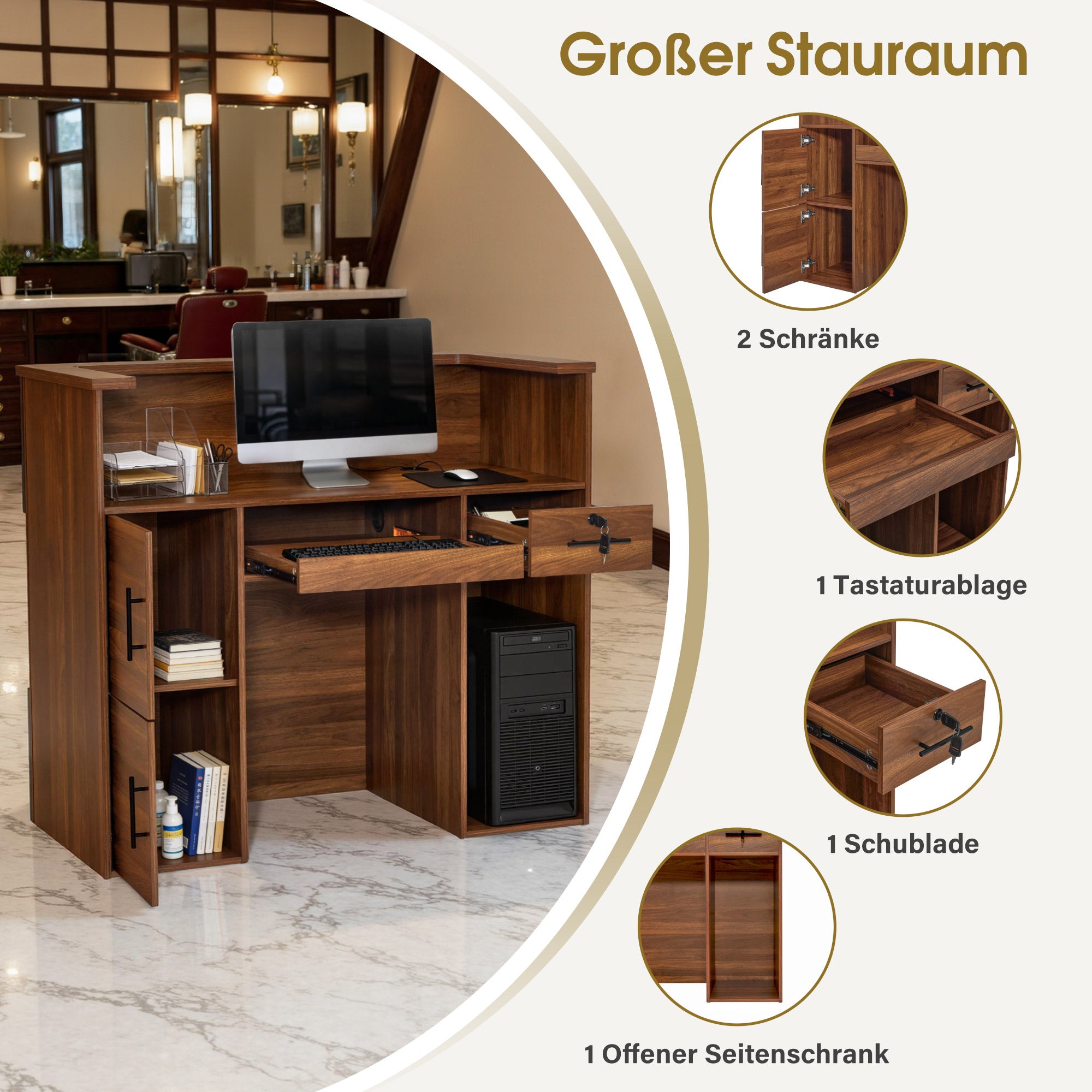 BarberPub Empfangstheke mit 2 Schubladen & 3 Schränken, Empfangstisch Abschließbar, Empfangstresen Holz, Rezeptionstisch Rezeptionstheke Kassentheke für Friseursalon, 55x120x110 cm, R9760 (Braun)