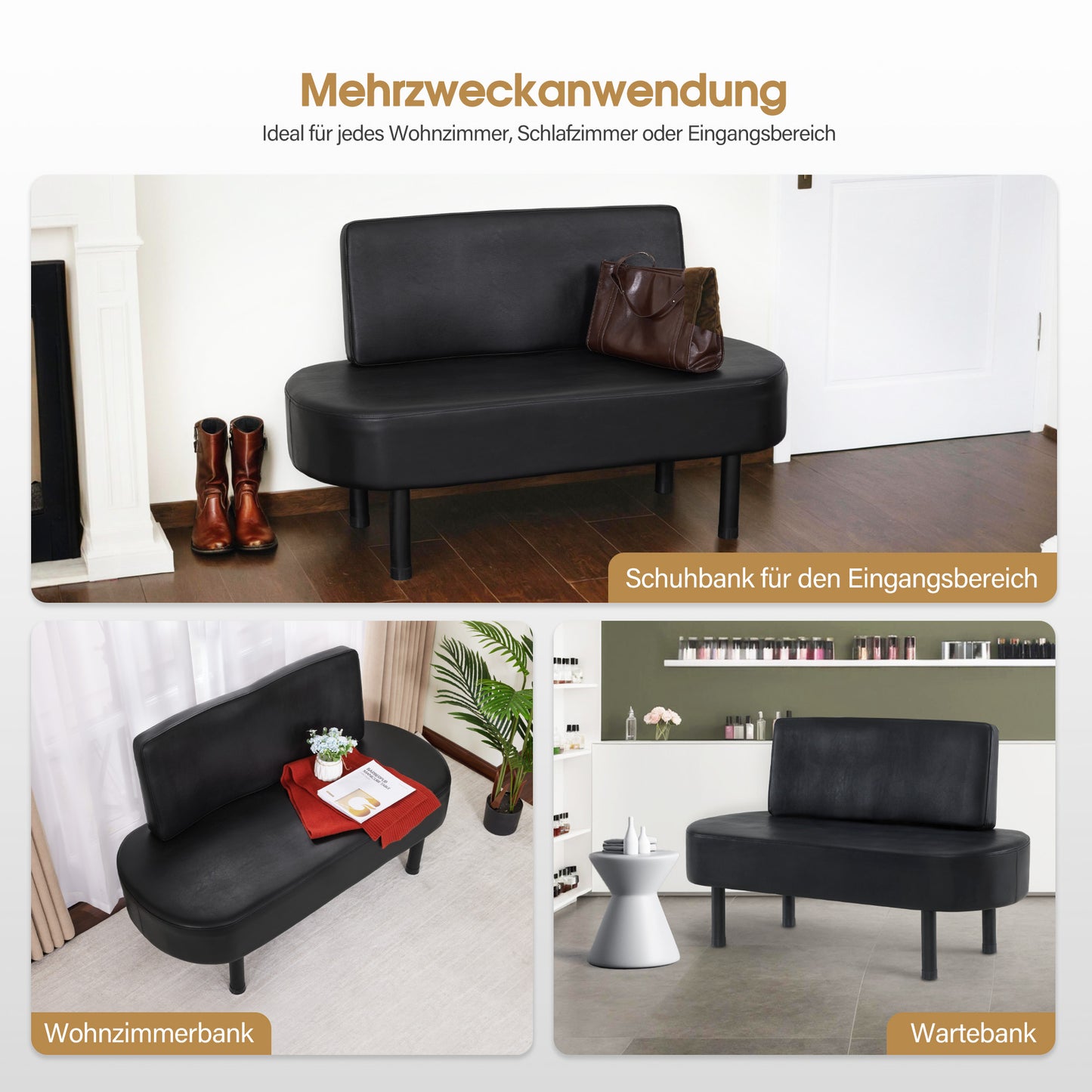 BarberPub 3-Sitzer Sitzbank mit Rückenlehne, 130 cm Wartebank für Friseursalon, Polsterbank mit Rückenlehne, Flurbank Schwarz, Wohnzimmerbank, Schuhbank W517 (Schwarz/Kunstleder)