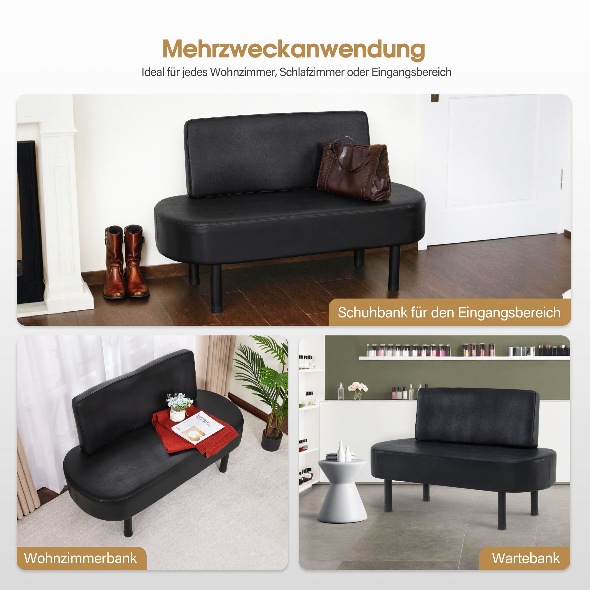 BarberPub 3-Sitzer Sitzbank mit Rückenlehne, 130 cm Wartebank für Friseursalon, Polsterbank mit Rückenlehne, Flurbank Schwarz, Wohnzimmerbank, Schuhbank W517 (Schwarz/Kunstleder)