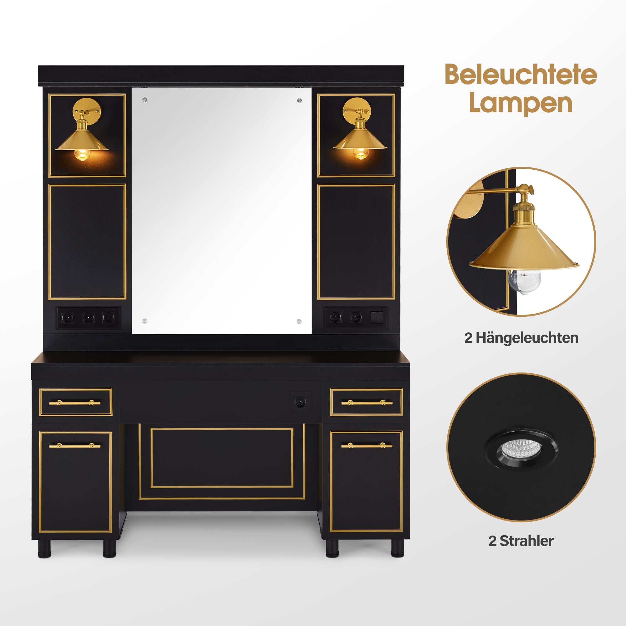 BarberPub Friseurplatz mit 2 Schubladen, Schminktisch mit Spiegel, Bedienungsplatz mit 2 Schränken, Spiegelschrank aus Holz, Spiegeltisch Modern, Friseureinrichtung, 3161 (Schwarz-Gold)
