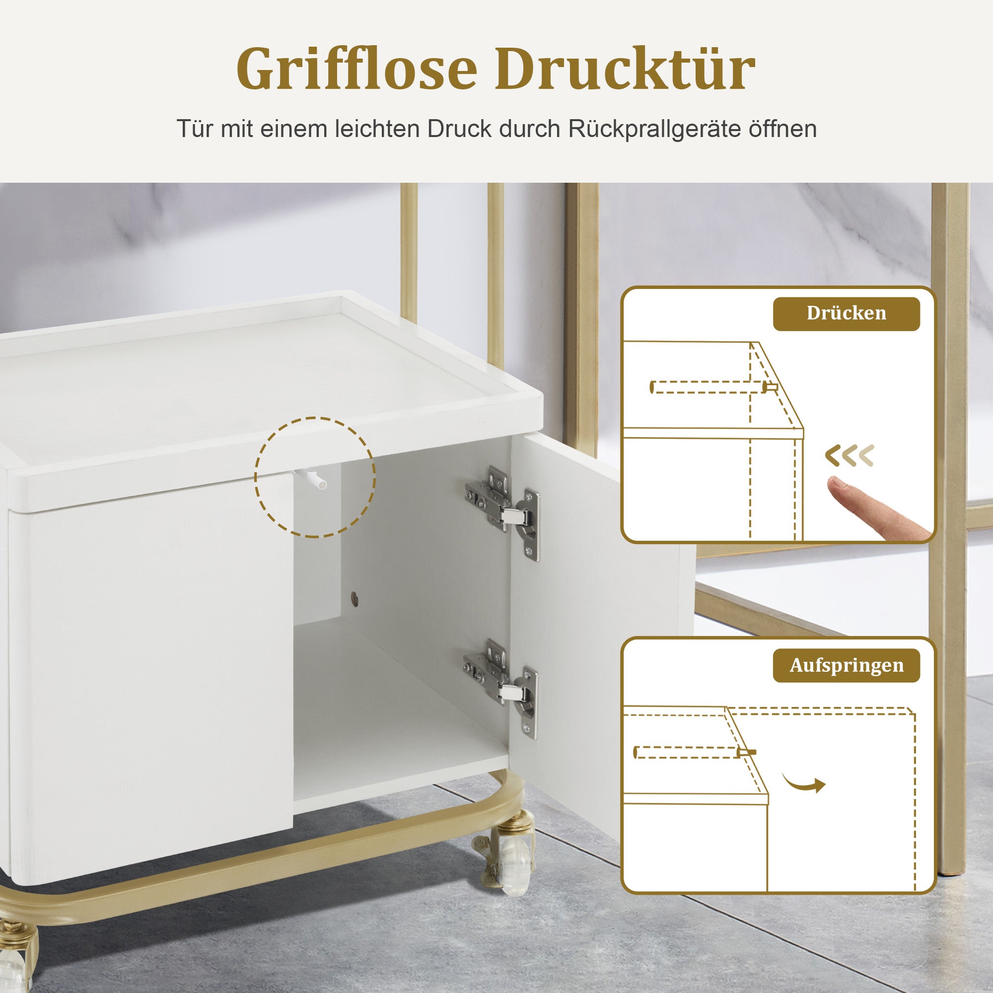 BarberPub Servierwagen mit Rollen & Schublade, Rollwagen Friseurwagen Weiß-Gold, Salon Trolley mit 2 Ablagen und Schrank, Moderner Arbeitswagen für Bad Wohnzimmer, 36x50x87cm, 0086