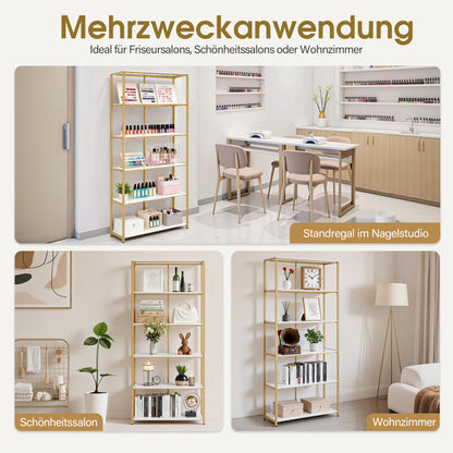 BarberPub Bücherregal Gold, Standregal mit 5 Ebenen, Büroregal mit Metallrahmen, Regal für Büro, Wohnzimmer, Schlafzimmer, Küche, Nagelstudio, Marmor-Weiß, 30x80x180cm, 5166