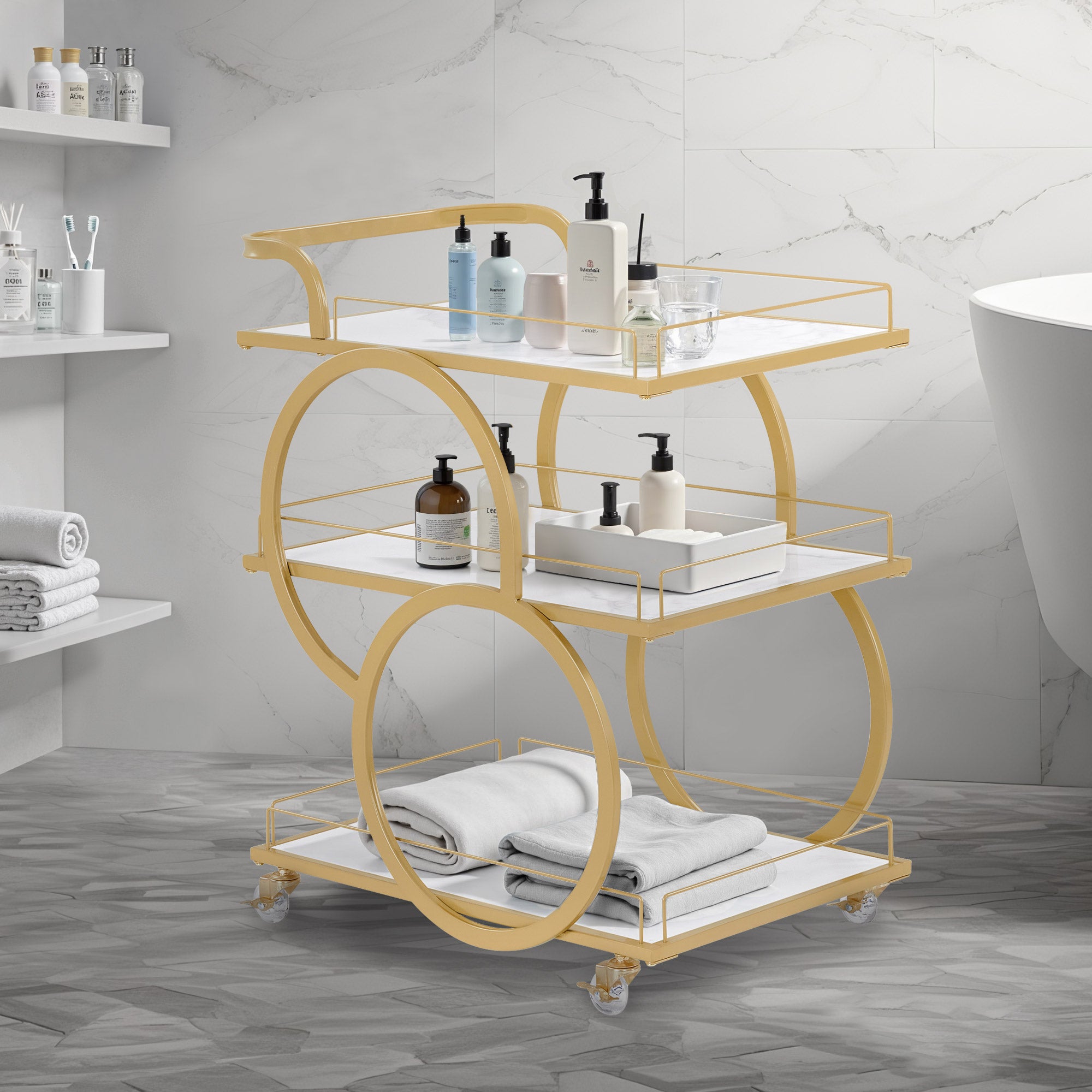 BarberPub Servierwagen mit Rollen, Küchenwagen Barwagen Metallgestell Weiß-Gold, Modern Rollwagen Mehrzweckwagen mit 3 Ebenen, für Küche, Bad, Wohnzimmer, Nagelstudio, 65x43x70, 0074