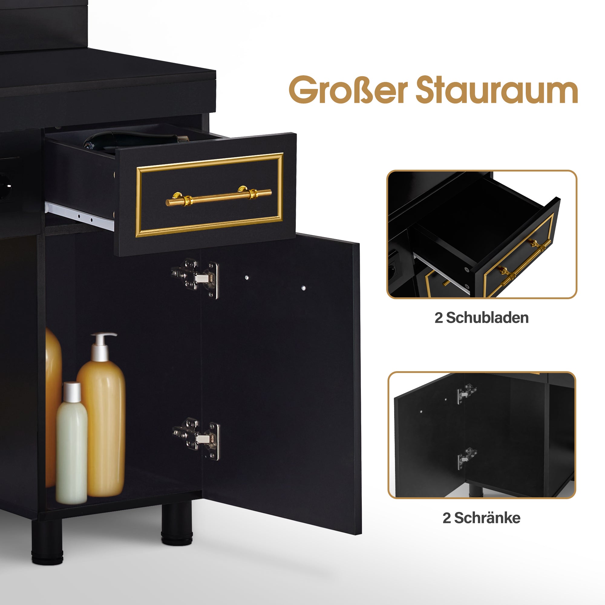 BarberPub Friseurplatz mit 2 Schubladen, Schminktisch mit Spiegel, Bedienungsplatz mit 2 Schränken, Spiegelschrank aus Holz, Spiegeltisch Modern, Friseureinrichtung, 3161 (Schwarz-Gold)