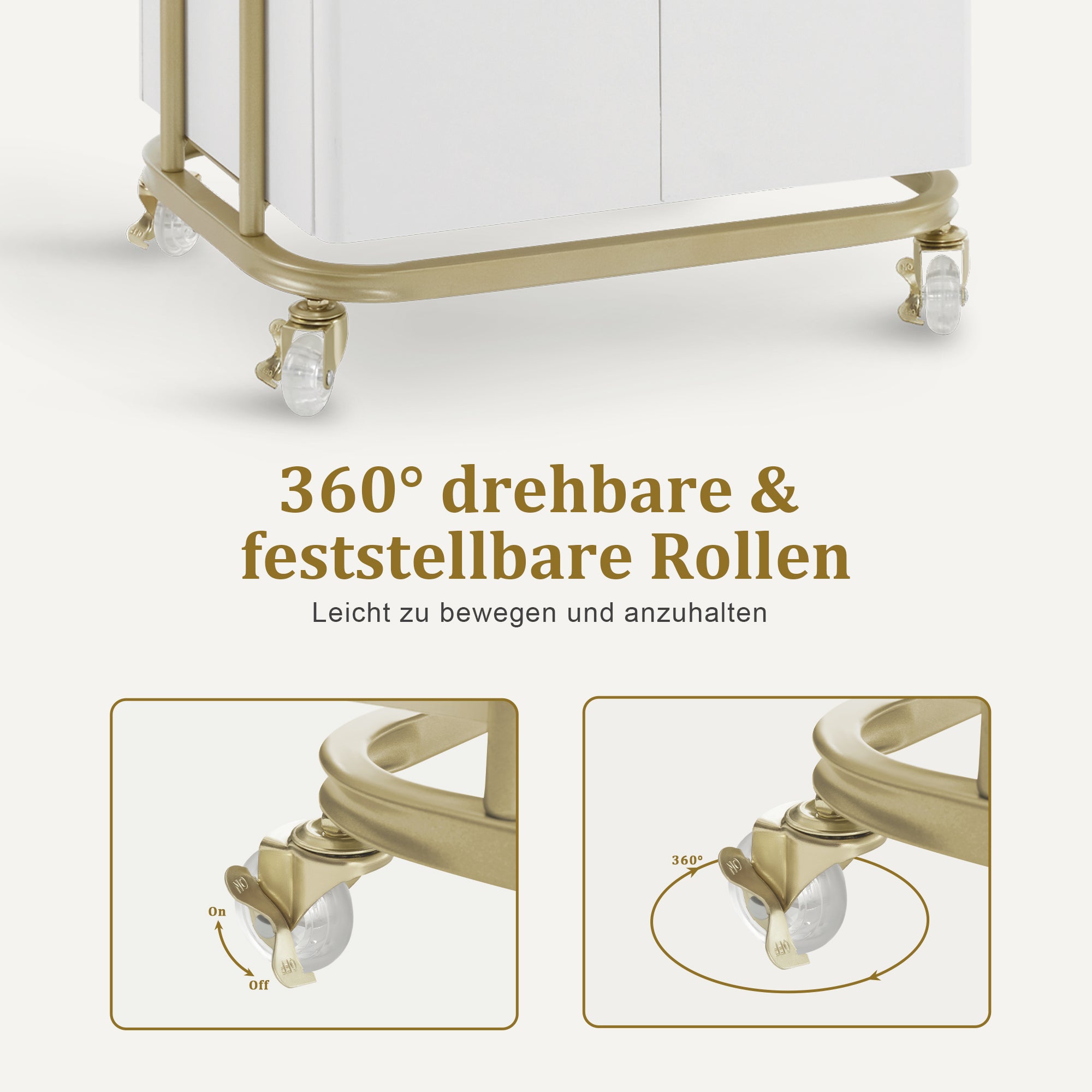 BarberPub Servierwagen mit Rollen & Schublade, Rollwagen Friseurwagen Weiß-Gold, Salon Trolley mit 2 Ablagen und Schrank, Moderner Arbeitswagen für Bad Wohnzimmer, 36x50x87cm, 0086