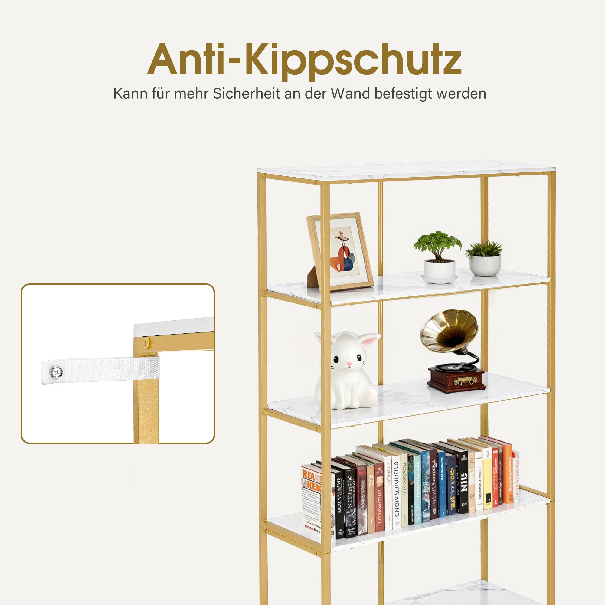 BarberPub Bücherregal Gold, Standregal mit 5 Ebenen, Büroregal mit Metallrahmen, Regal für Büro, Wohnzimmer, Schlafzimmer, Küche, Nagelstudio, Marmor-Weiß, 30x80x180cm, 5166