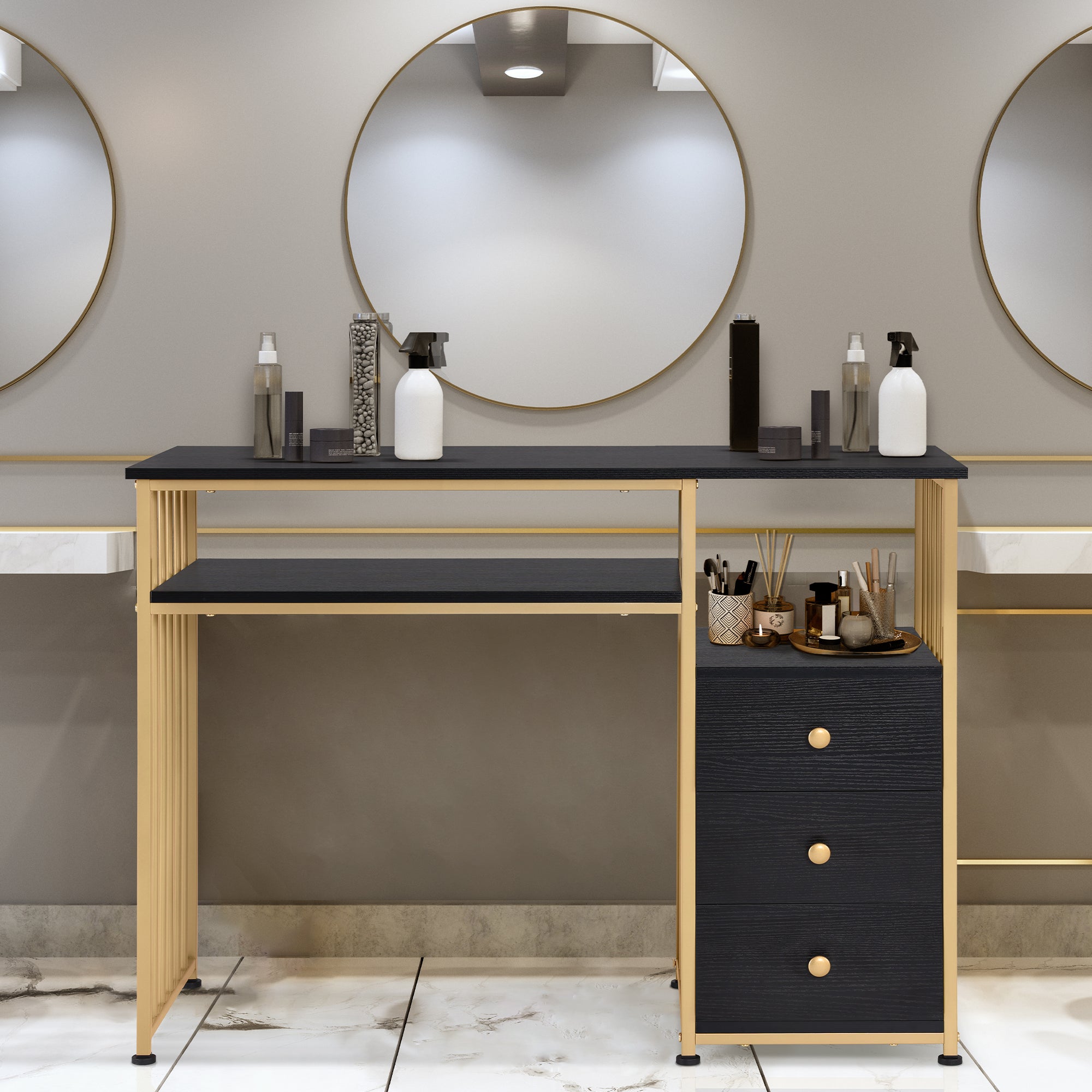 Barberpub Schreibtisch mit Schubladen, Schminktisch ohne Spiegel, Nageltisch aus Holz Metallgestell, Computertisch Wohnzimmer Modern, 109 x 45,5 x 81cm, 2407