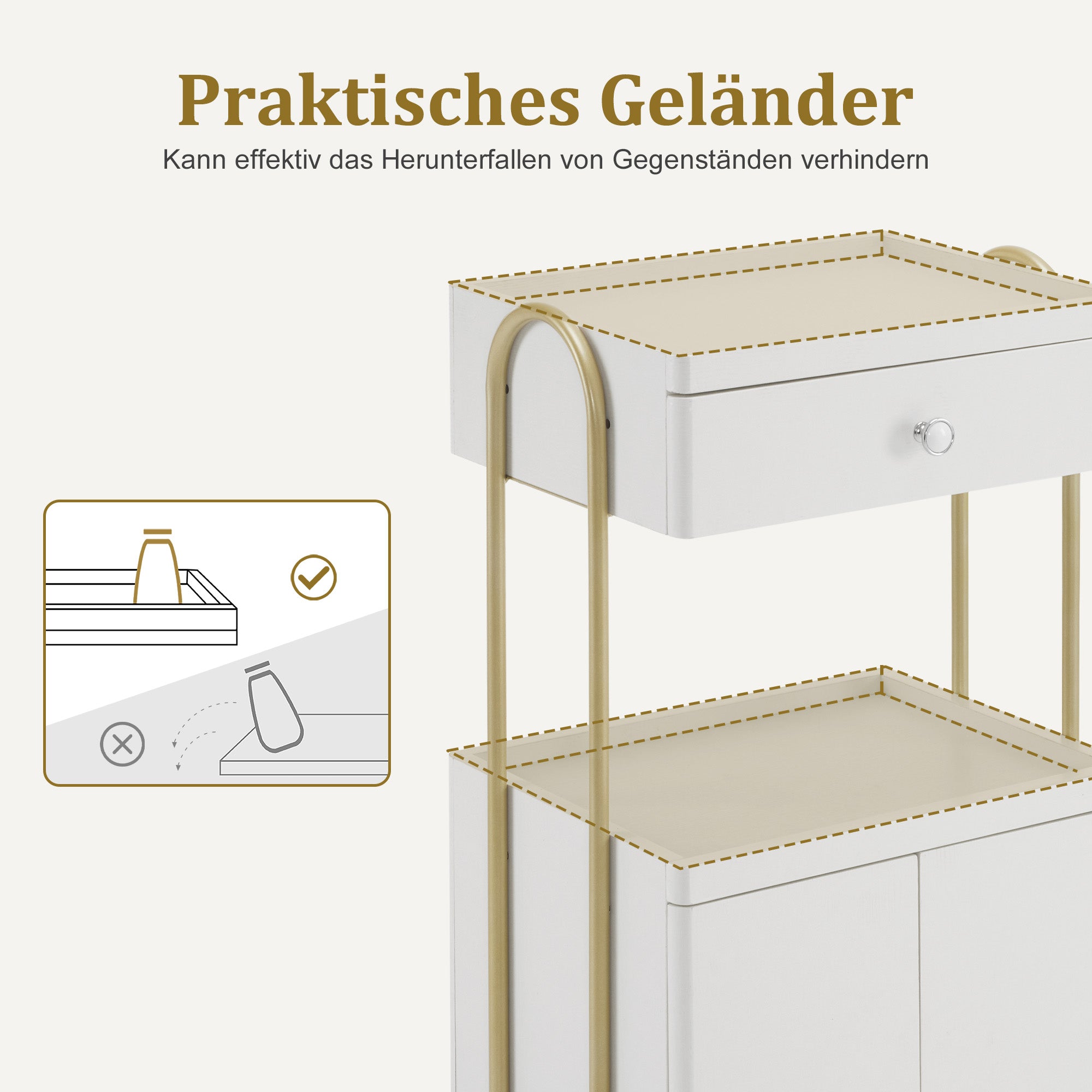 BarberPub Servierwagen mit Rollen & Schublade, Rollwagen Friseurwagen Weiß-Gold, Salon Trolley mit 2 Ablagen und Schrank, Moderner Arbeitswagen für Bad Wohnzimmer, 36x50x87cm, 0086