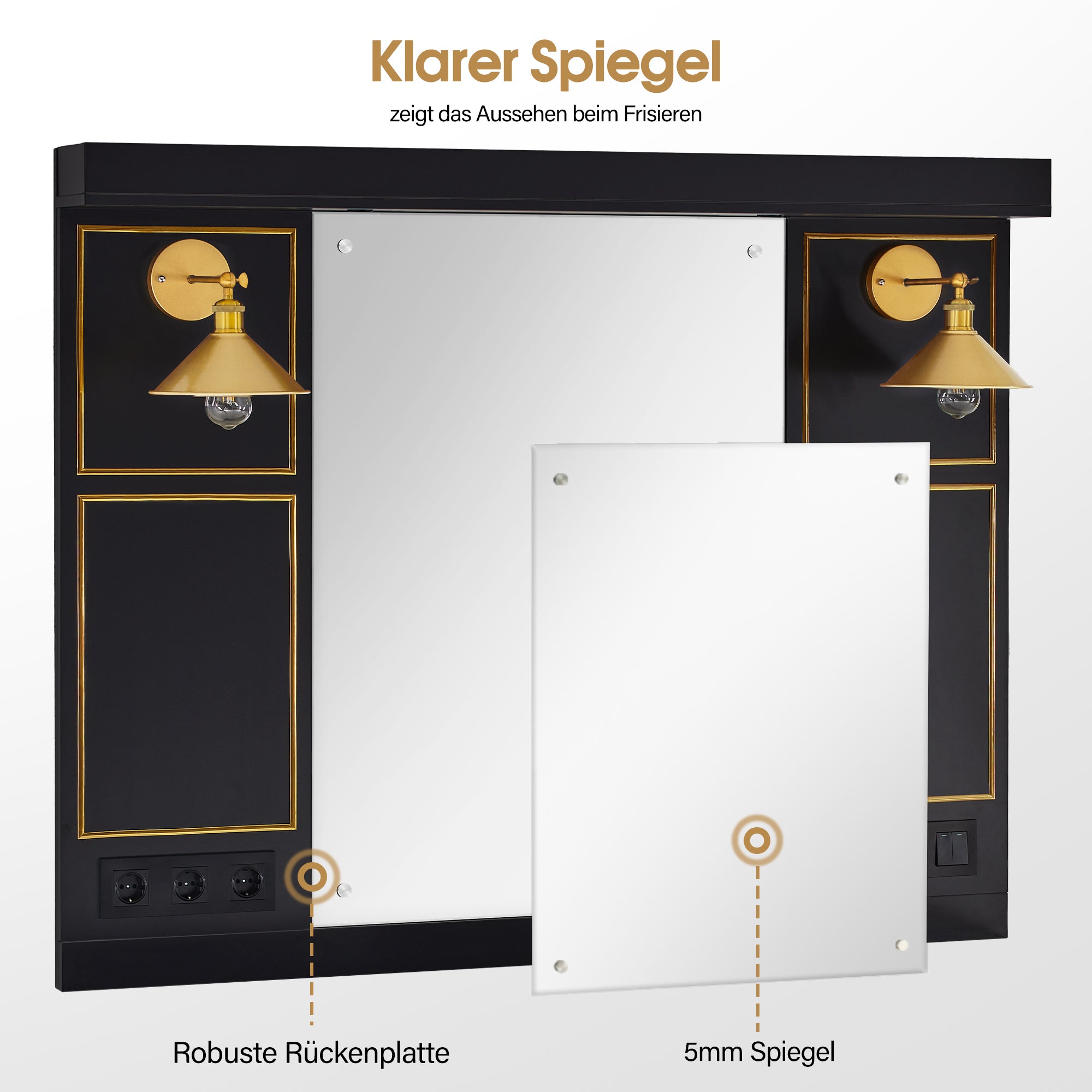 BarberPub Friseurplatz mit 2 Schubladen, Schminktisch mit Spiegel, Bedienungsplatz mit 2 Schränken, Spiegelschrank aus Holz, Spiegeltisch Modern, Friseureinrichtung, 3161 (Schwarz-Gold)