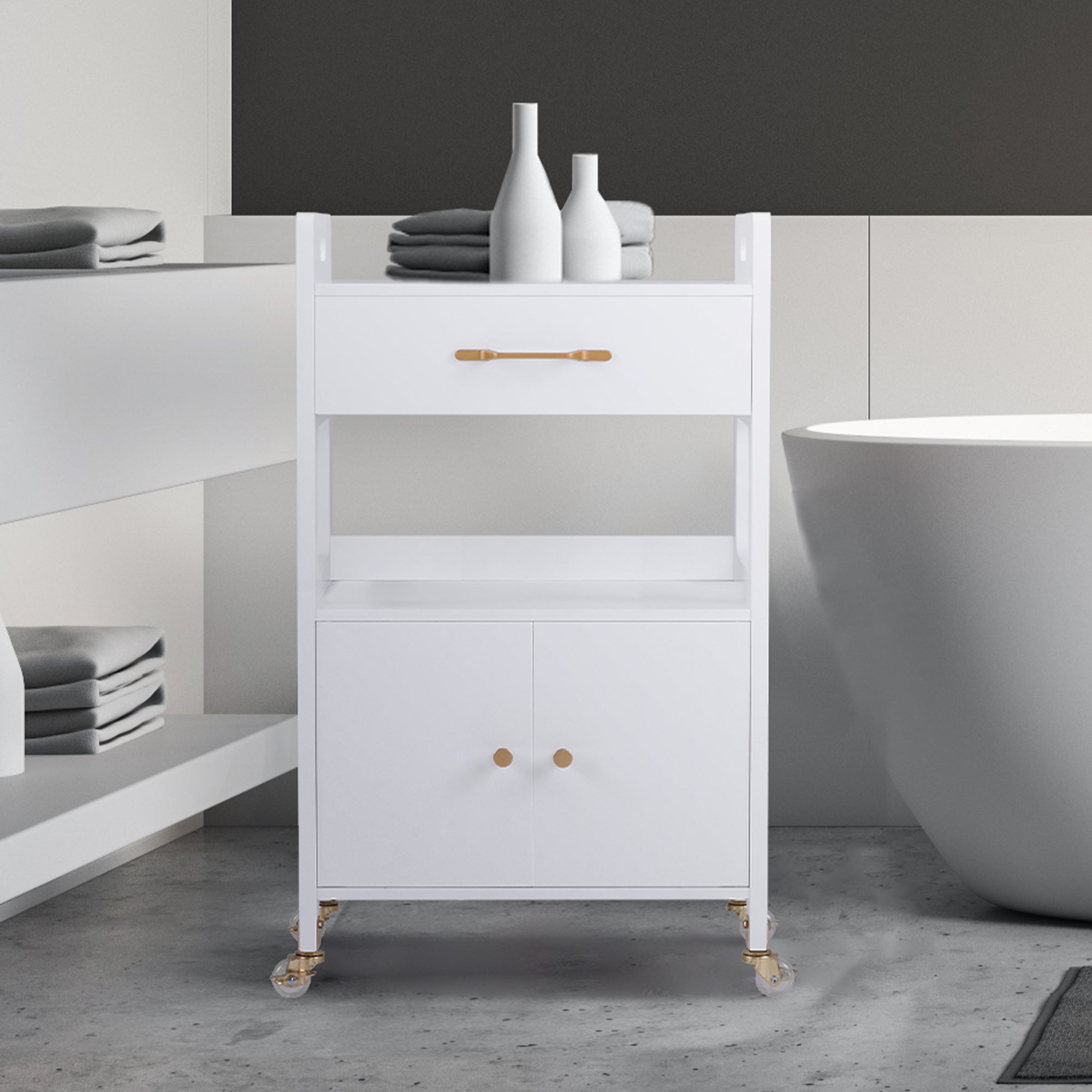 Barberpub Servierwagen mit Rollen & Schubladen, Rollwagen Friseurwagen Weiß, Salon Trolley mit 2 Ablagen, Moderner Arbeitswagen für Bad Wohnzimmer, 35x48x80, 5cm, 0055