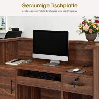 Comptoir d'accueil BarberPub avec 2 tiroirs et 3 armoires, bureau de réception verrouillable, comptoir d'accueil en bois, comptoir de caisse pour salon de coiffure, 55x120x110 cm, R9760 (Marron)