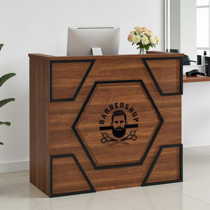Comptoir d'accueil BarberPub avec 2 tiroirs et 3 armoires, bureau de réception verrouillable, comptoir d'accueil en bois, comptoir de caisse pour salon de coiffure, 55x120x110 cm, R9760 (Marron)
