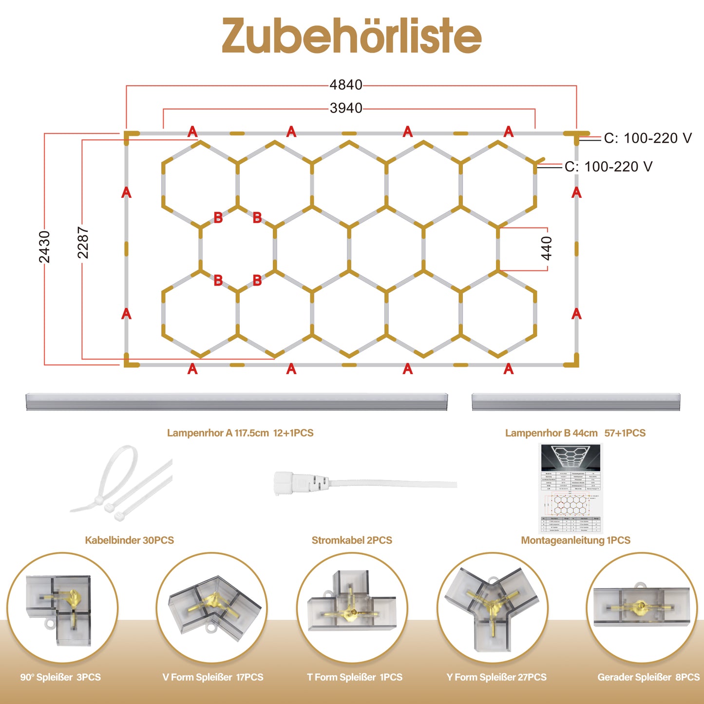 Barberpub Hexagon LED Garage Light, 68970LM 6500K Hexagon LED Beleuchtung für Werkstatt, Friseursalon, 14 Grid