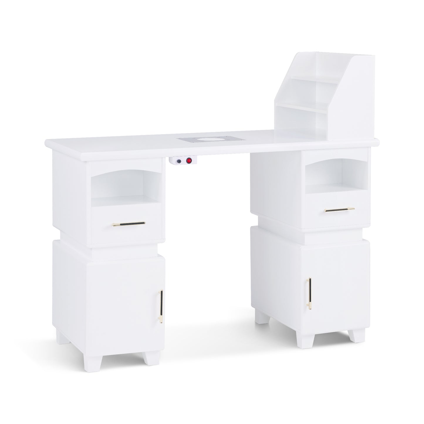 Barberpub Manikürtisch mit 2 Schubladen, Nageltisch mit Absaugung Weiß, Nagelfrisiertisch aus Holz, 4 Schrank, Regal, 2 Staubsaugerbeutel, Schreibtisch für Nagelstudio, 55x120x112,5cm, 2456