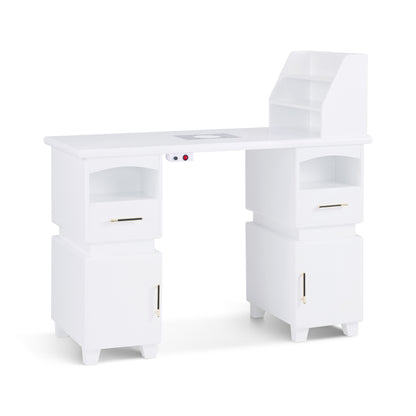Barberpub Manikürtisch mit 2 Schubladen, Nageltisch mit Absaugung Weiß, Nagelfrisiertisch aus Holz, 4 Schrank, Regal, 2 Staubsaugerbeutel, Schreibtisch für Nagelstudio, 55x120x112,5cm, 2456
