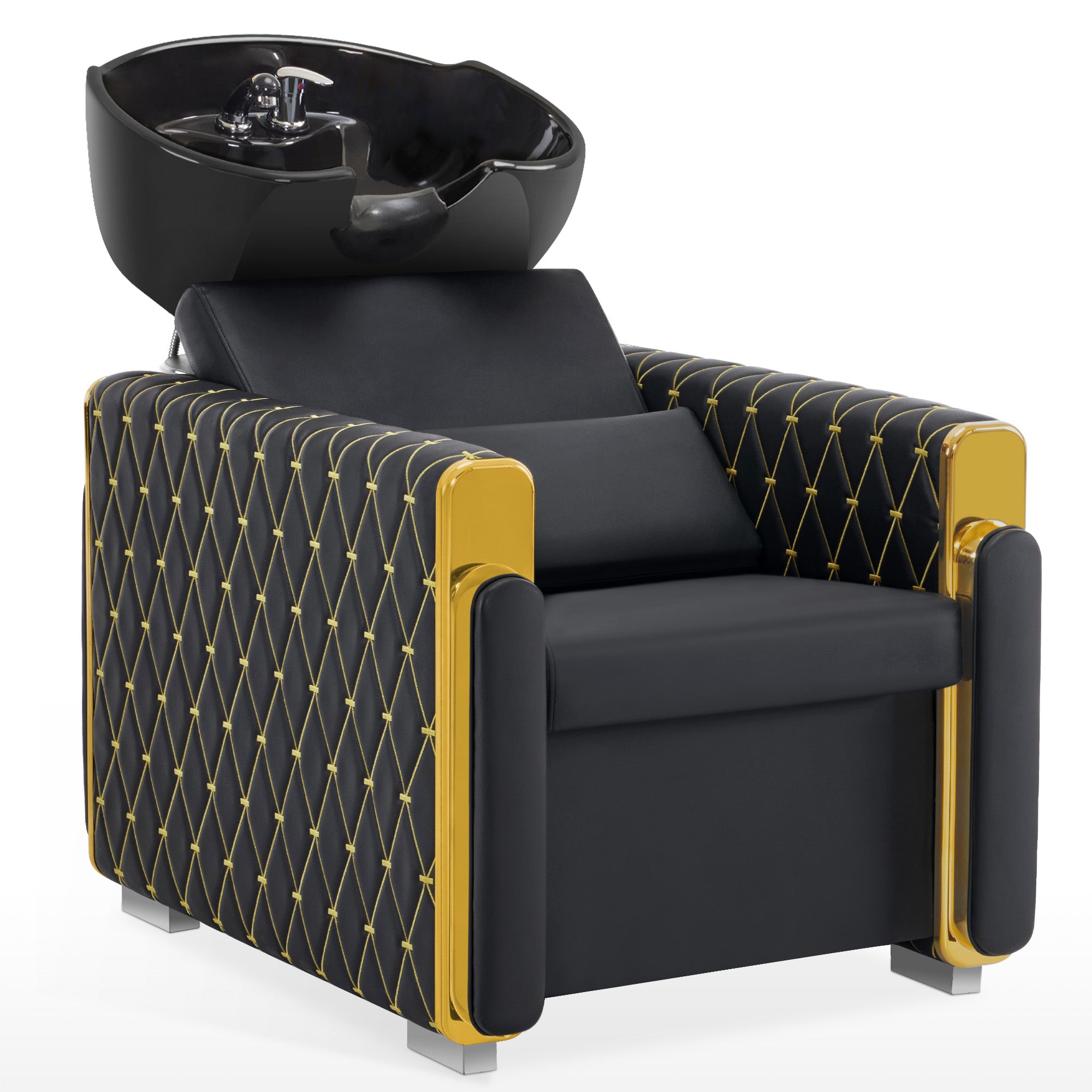 BarberPub Friseurstuhl mit Waschbecken Retro, Friseurwaschbecken aus Keramik Verstellbar, Friseurwaschsessel für SPA Salon, Friseur Waschplatz 8631 (Schwarz-Gold/Kunstleder)