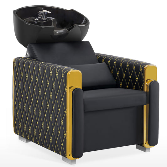 BarberPub Friseurstuhl mit Waschbecken Retro, Friseurwaschbecken aus Keramik Verstellbar, Friseurwaschsessel für SPA Salon, Friseur Waschplatz 8631 (Schwarz-Gold/Kunstleder)
