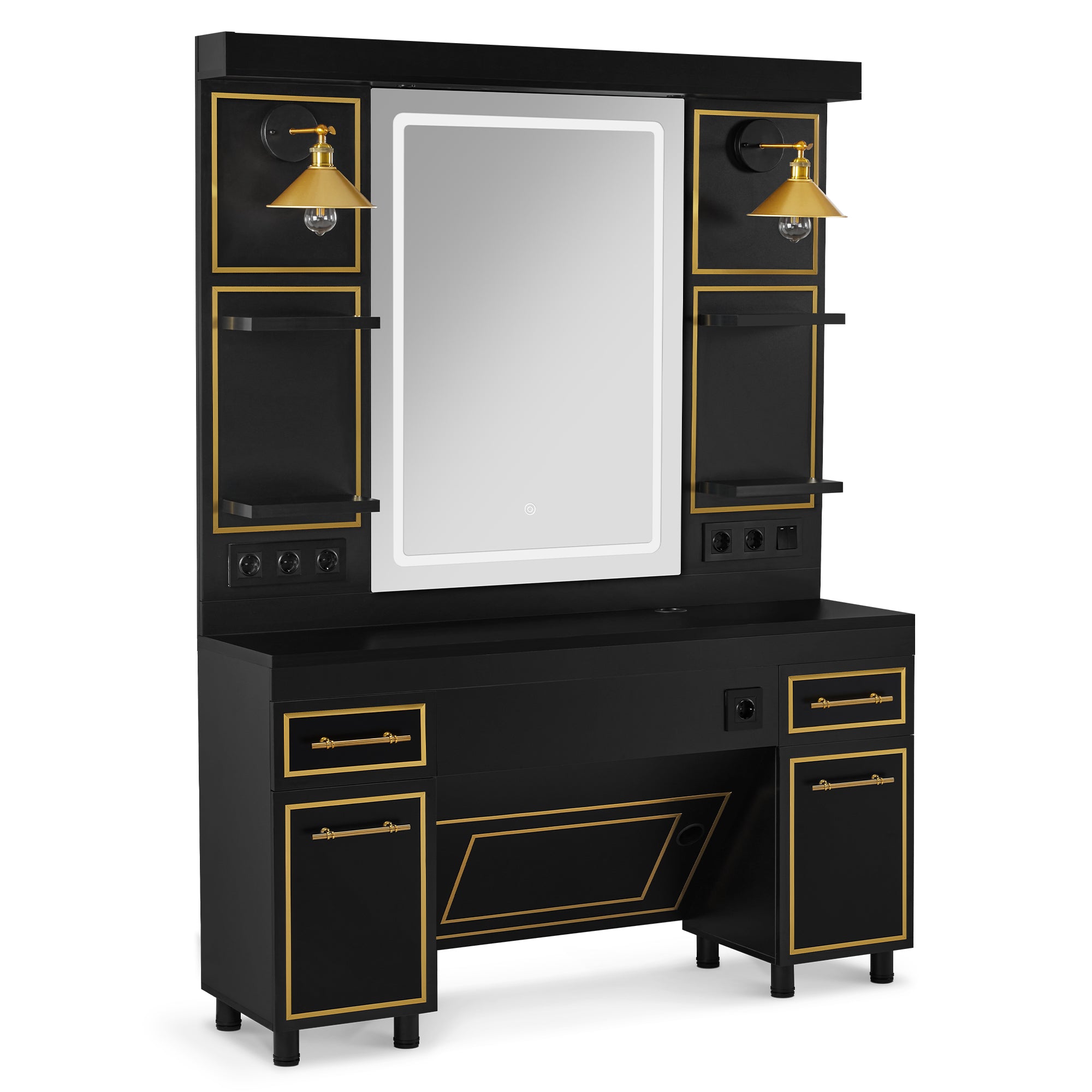 BarberPub Friseurplatz mit 2 Schubladen, Schminktisch mit Spiegel, Bedienungsplatz mit 4 Ablagen & 2 Schränken, Spiegelschrank aus Holz, Spiegeltisch mit Beleuchtung, 3161 (Schwarz-Gold)