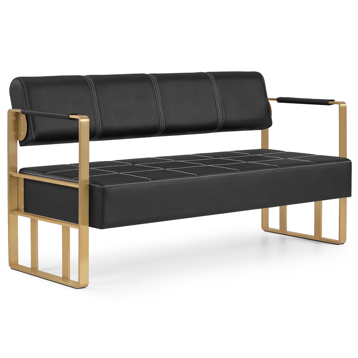 BarberPub 3-Sitzer Sitzbank mit goldenen Armlehne, Polsterbank mit Rückenlehne 140cm, Wartebank Friseur, Wohnzimmerbank, Friseureinrichtung W528 (Schwarz-Gold/Kunstleder)