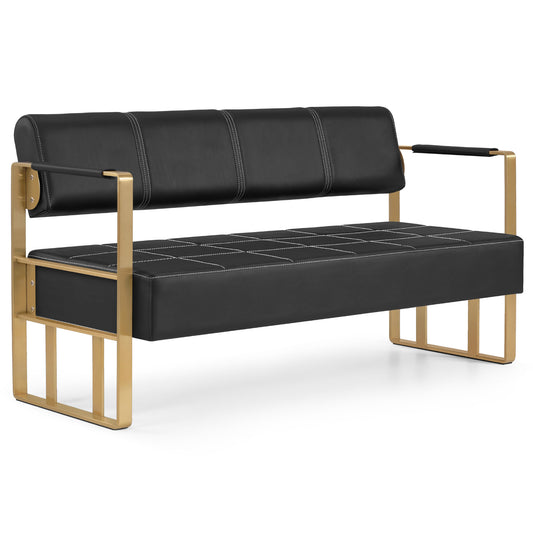 BarberPub 3-Sitzer Sitzbank mit goldenen Armlehne, Polsterbank mit Rückenlehne 140cm, Wartebank Friseur, Wohnzimmerbank, Friseureinrichtung W528 (Schwarz-Gold/Kunstleder)